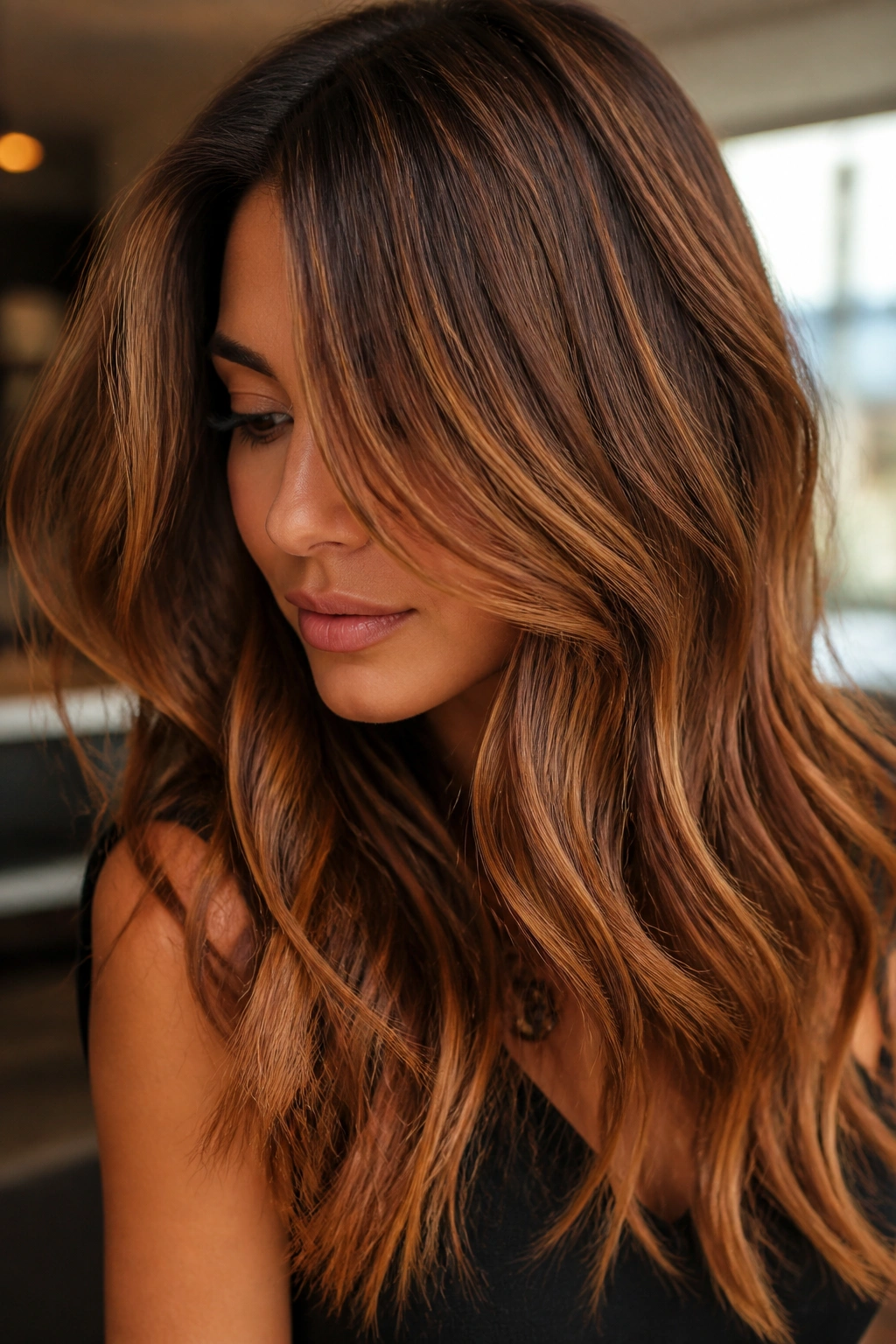 Portrait showing ginger-soft streaks on medium brown hair