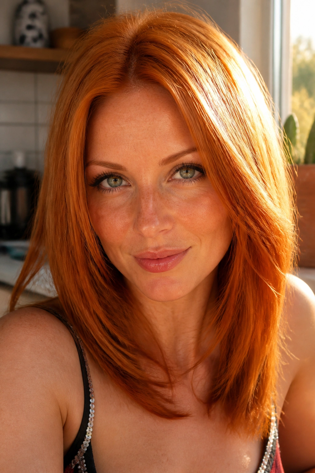 Close-up of a real woman with Ginger Spice hair in sunlit setting