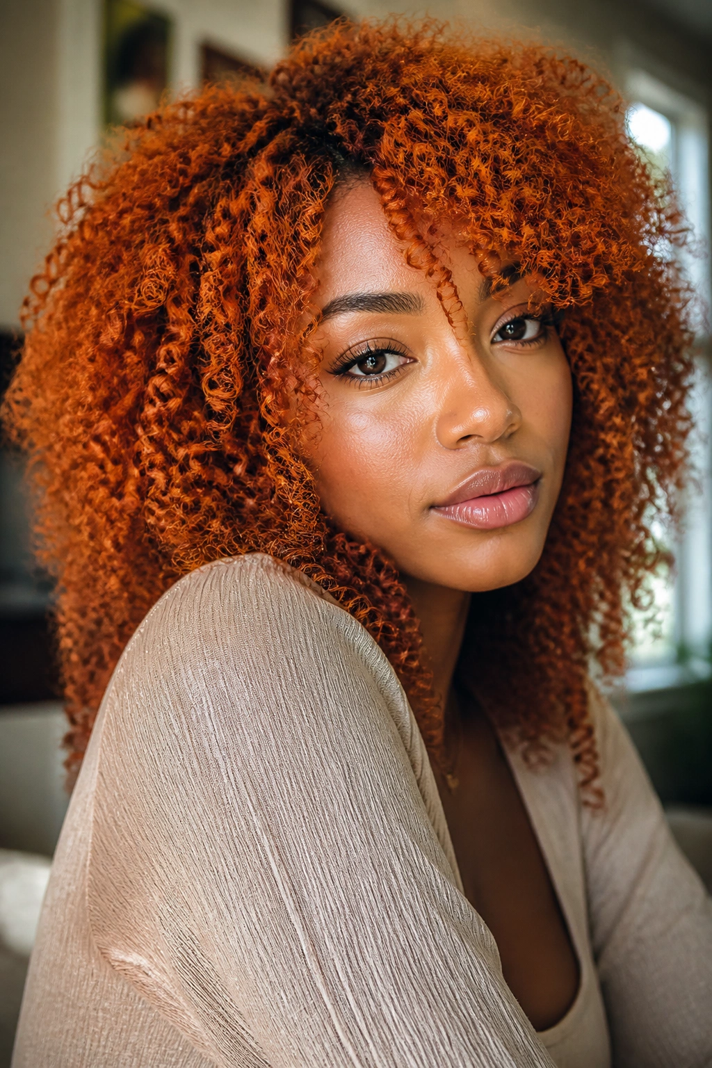 Close-up portrait of a real person with Ginger Spice hair color and defined curls in warm window light