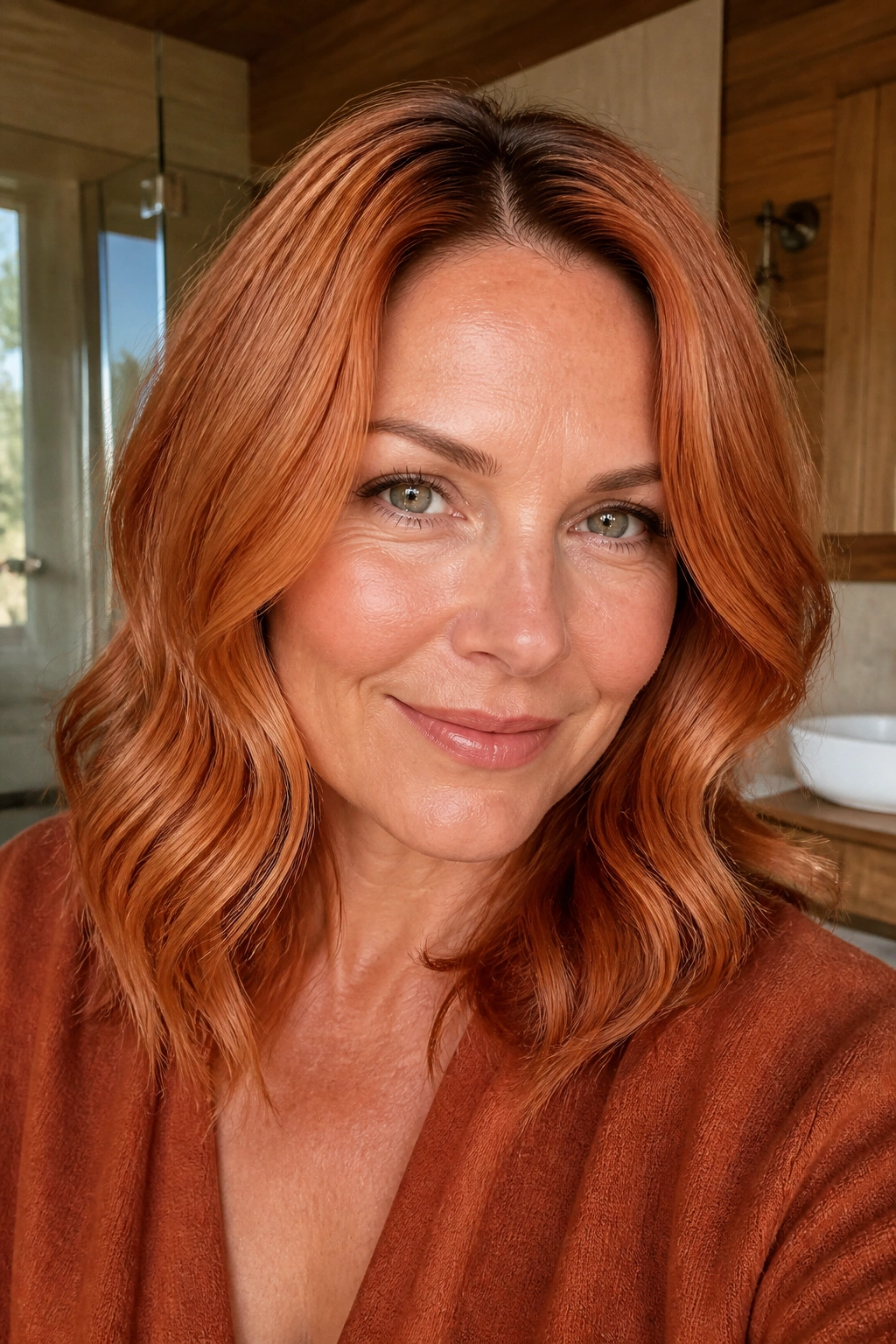 Ginger spice hair with root shadow framing the face on a real person