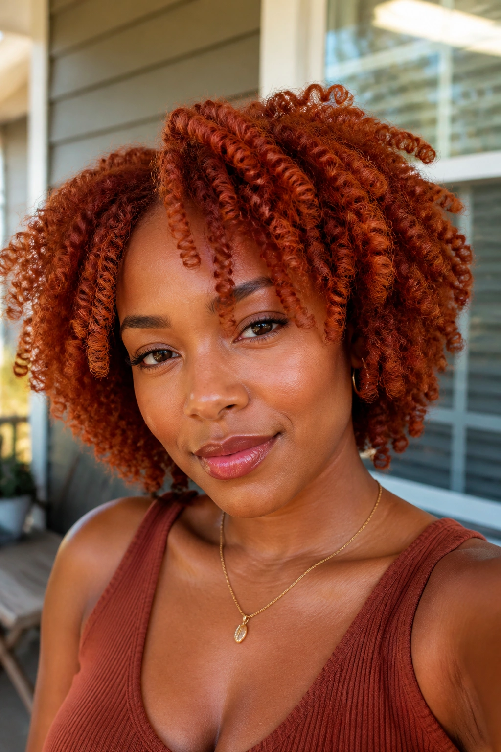 Close-up of a person with a ginger twist-out showing defined coils.