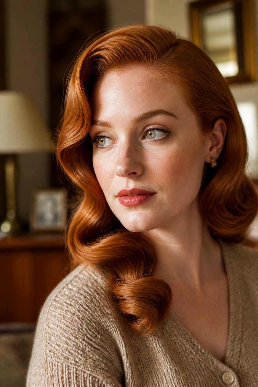 Close-up portrait of a real person with ginger vintage waves and a deep side part.