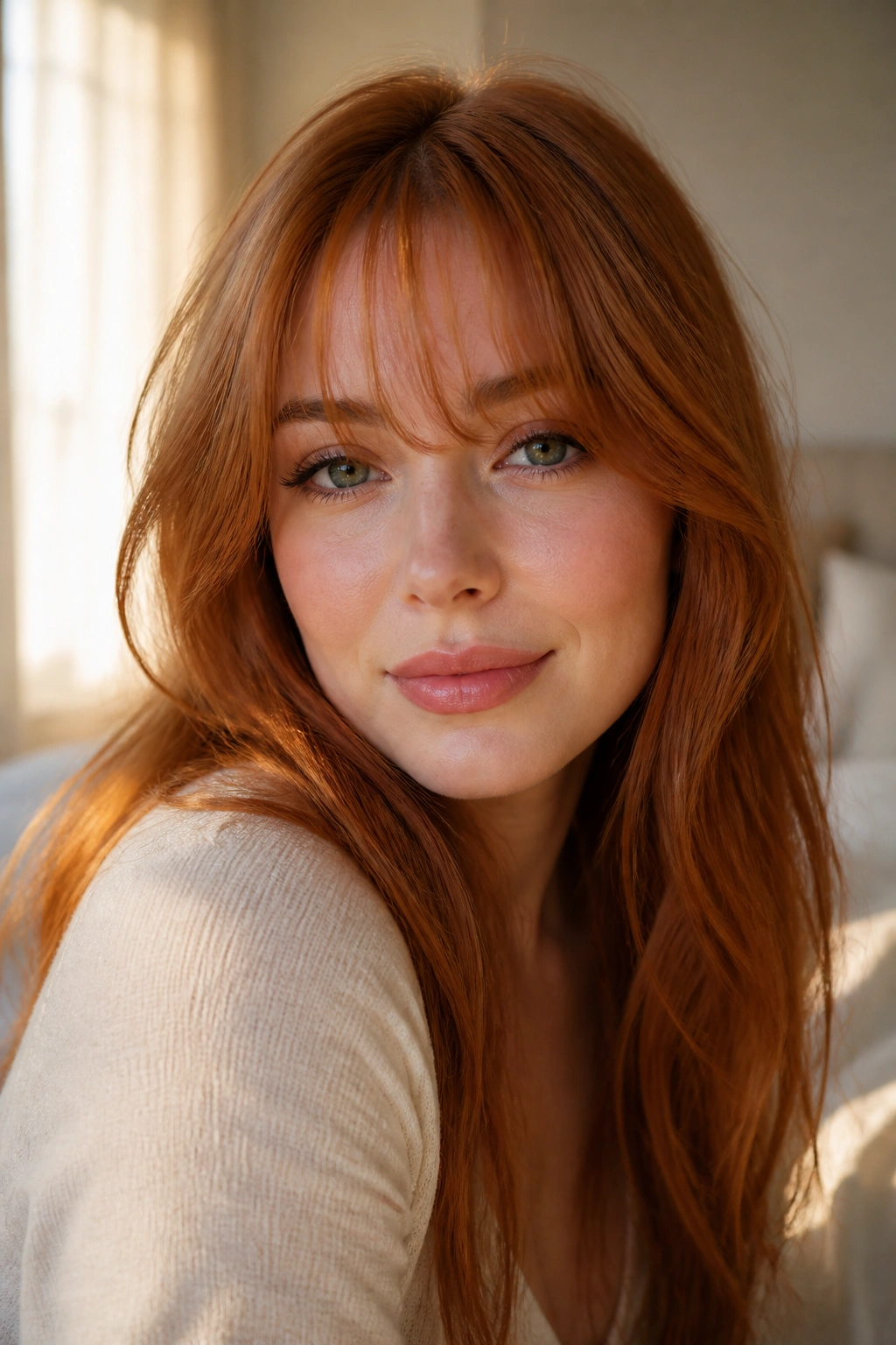 Portrait of a real person with wispy bangs and copper-length ginger hair.