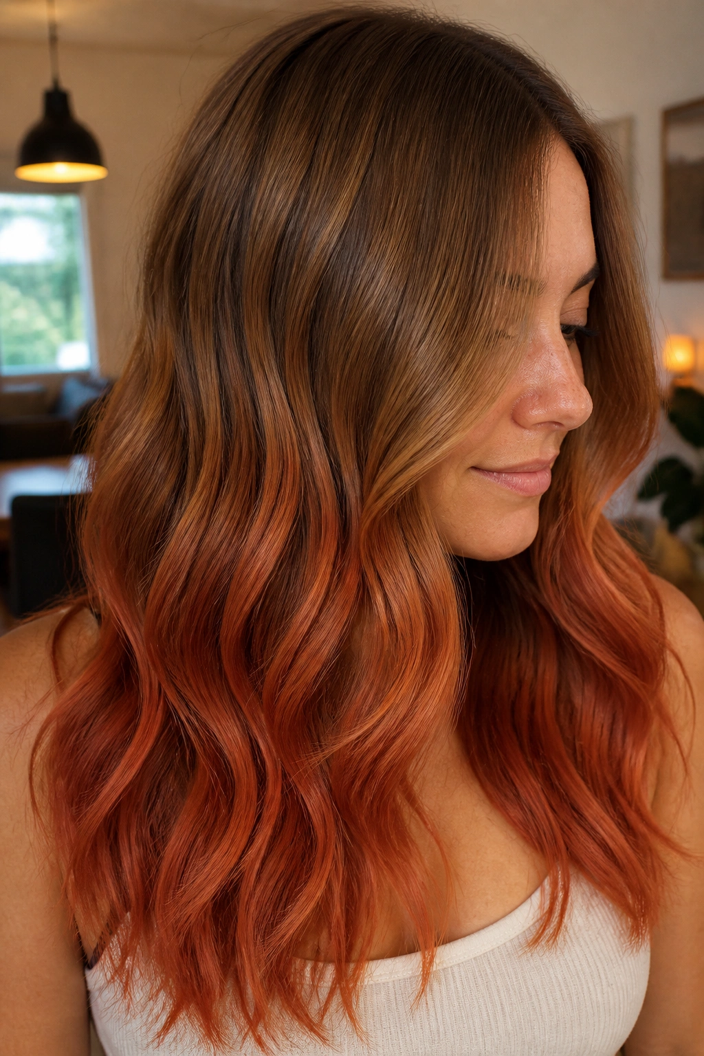Gingerbread to red melt balayage on brunette hair in gradient