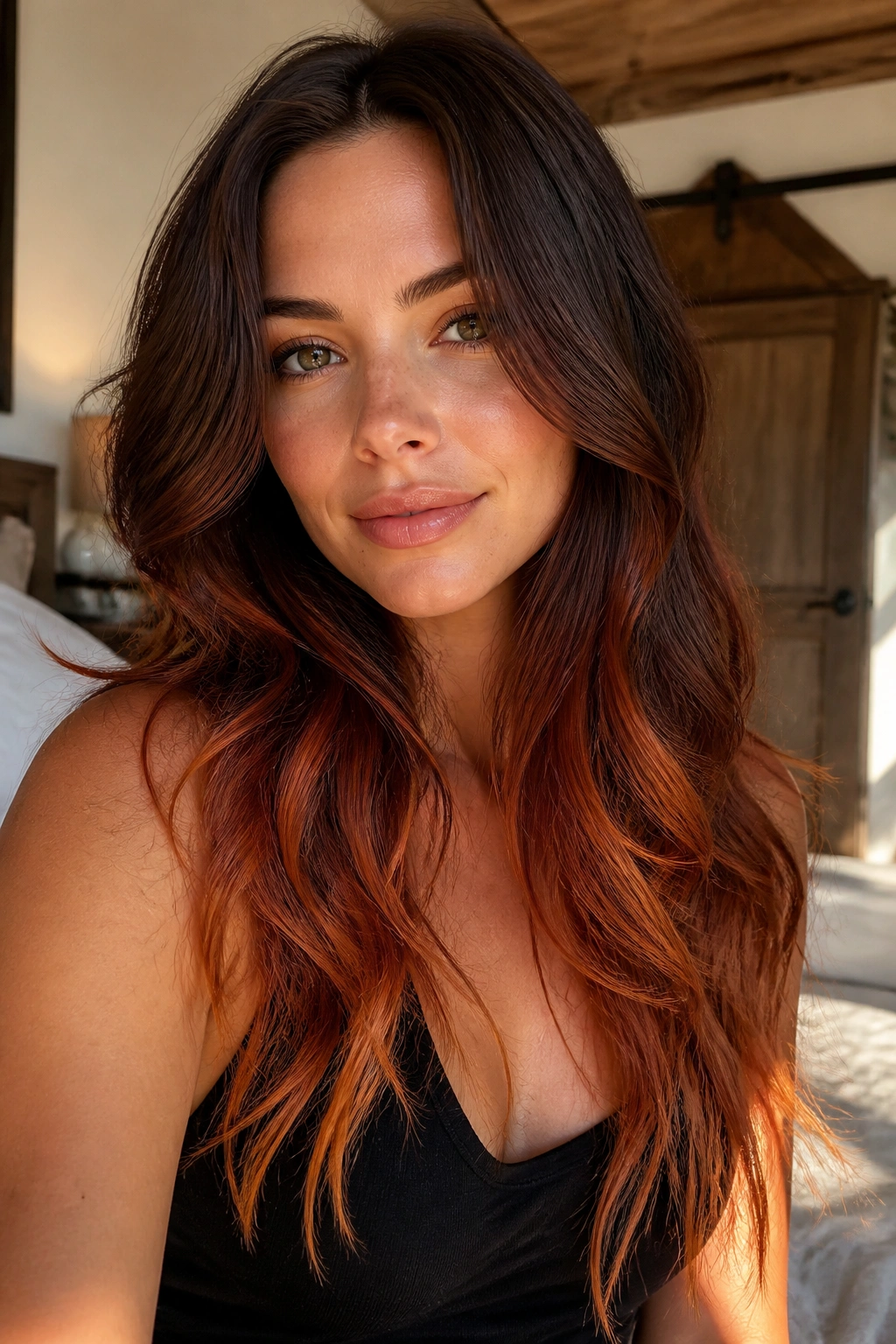 Close-up of a real woman with gingered mahogany melt on long layered hair.