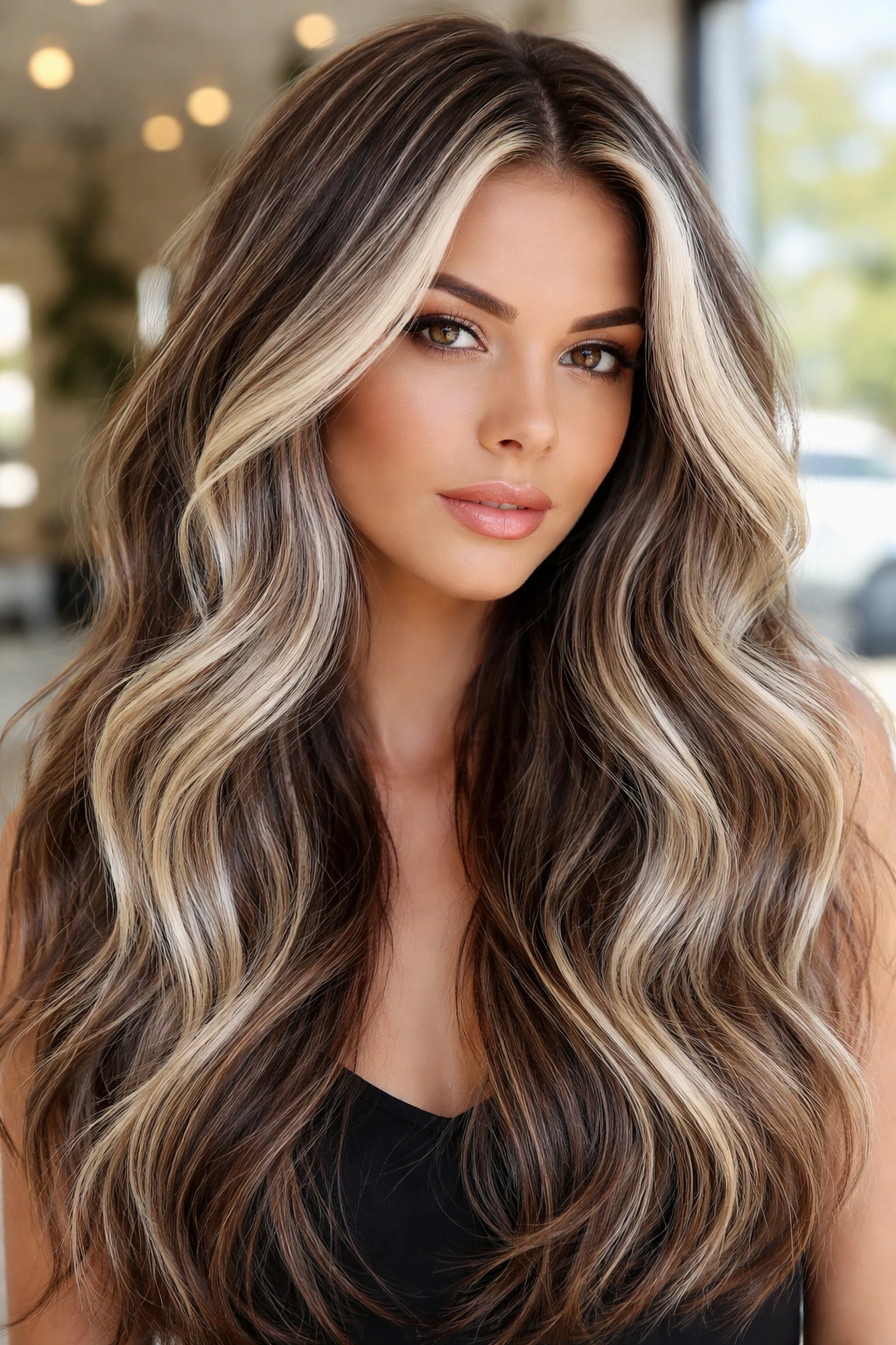 Close-up of a real woman with glacial blonde babylights on a deep brown base.