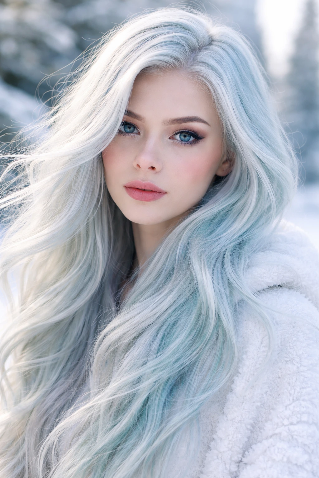 Close-up of glacial white hair with blue-green tint