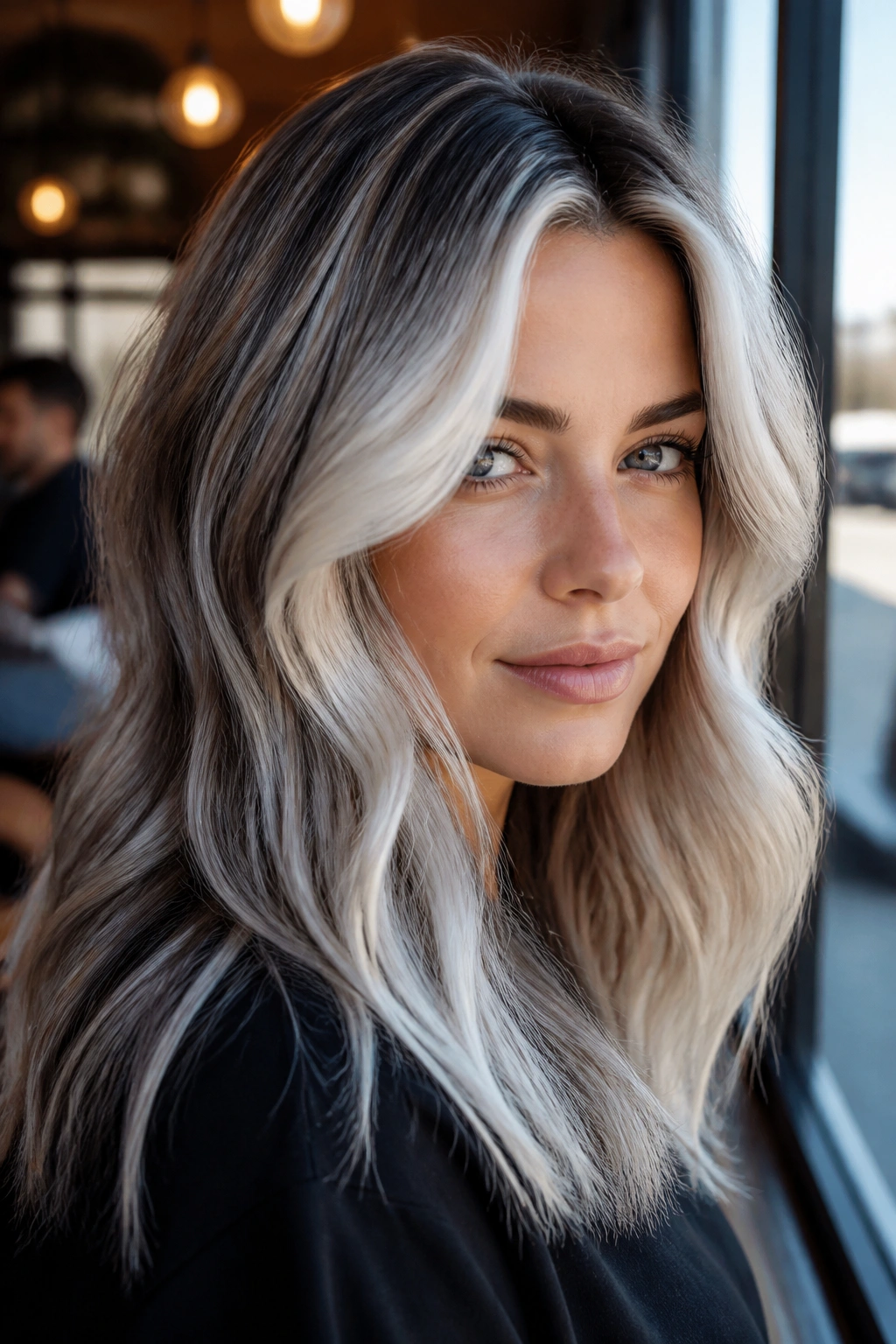 Close-up of a real person with glacier balayage and face-framing lighter pieces