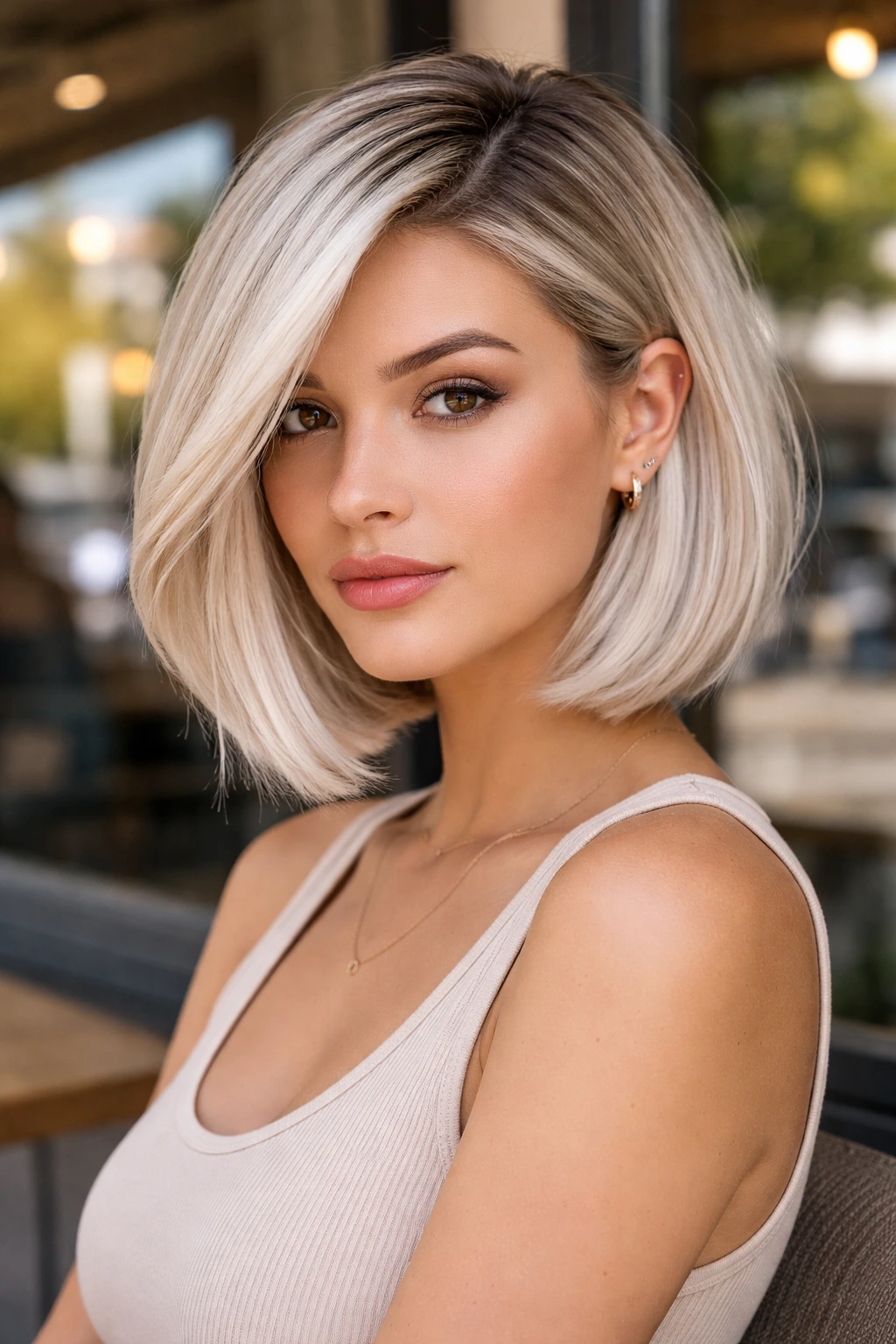 Close-up portrait of a real woman with a glacier blonde bob and a swept side part.