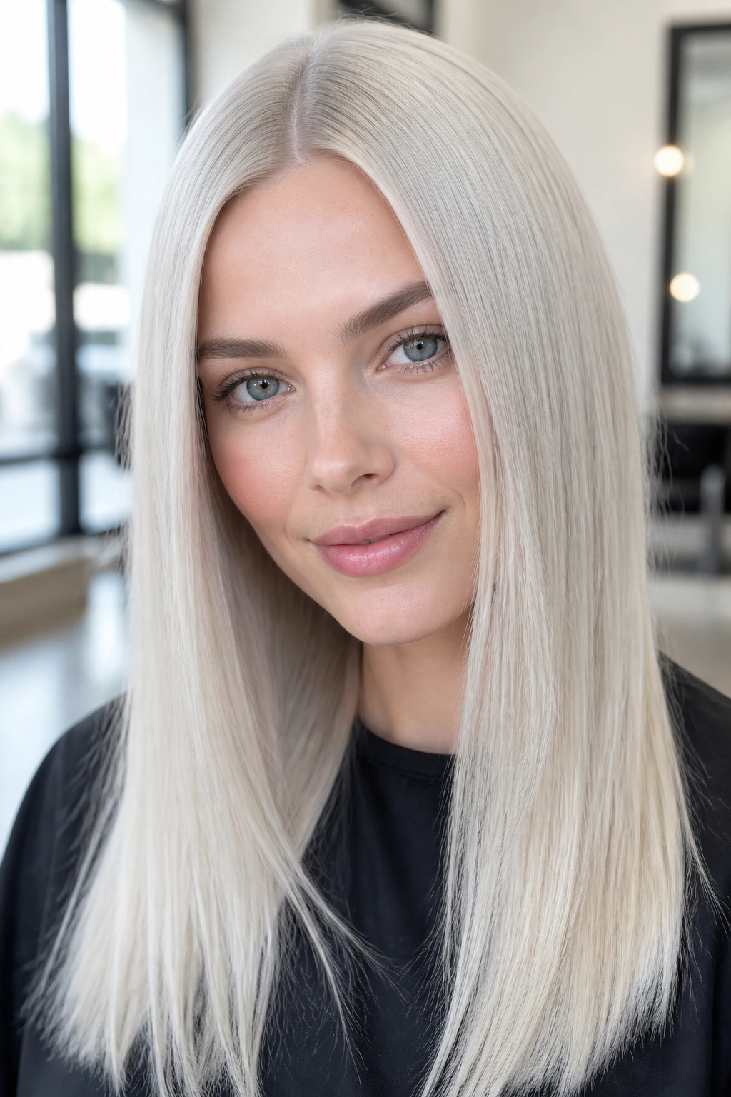 Real woman with glacier blonde hair in a center part, straight sleek style under natural daylight