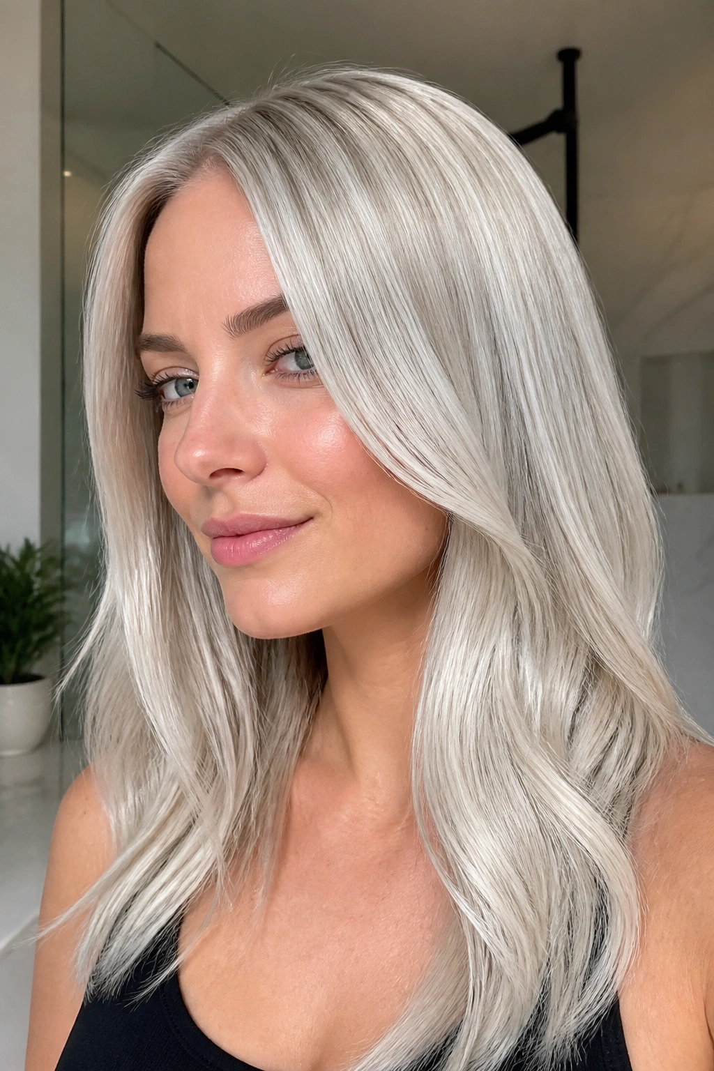 Glacier blonde hair with glassy gloss on a real person.