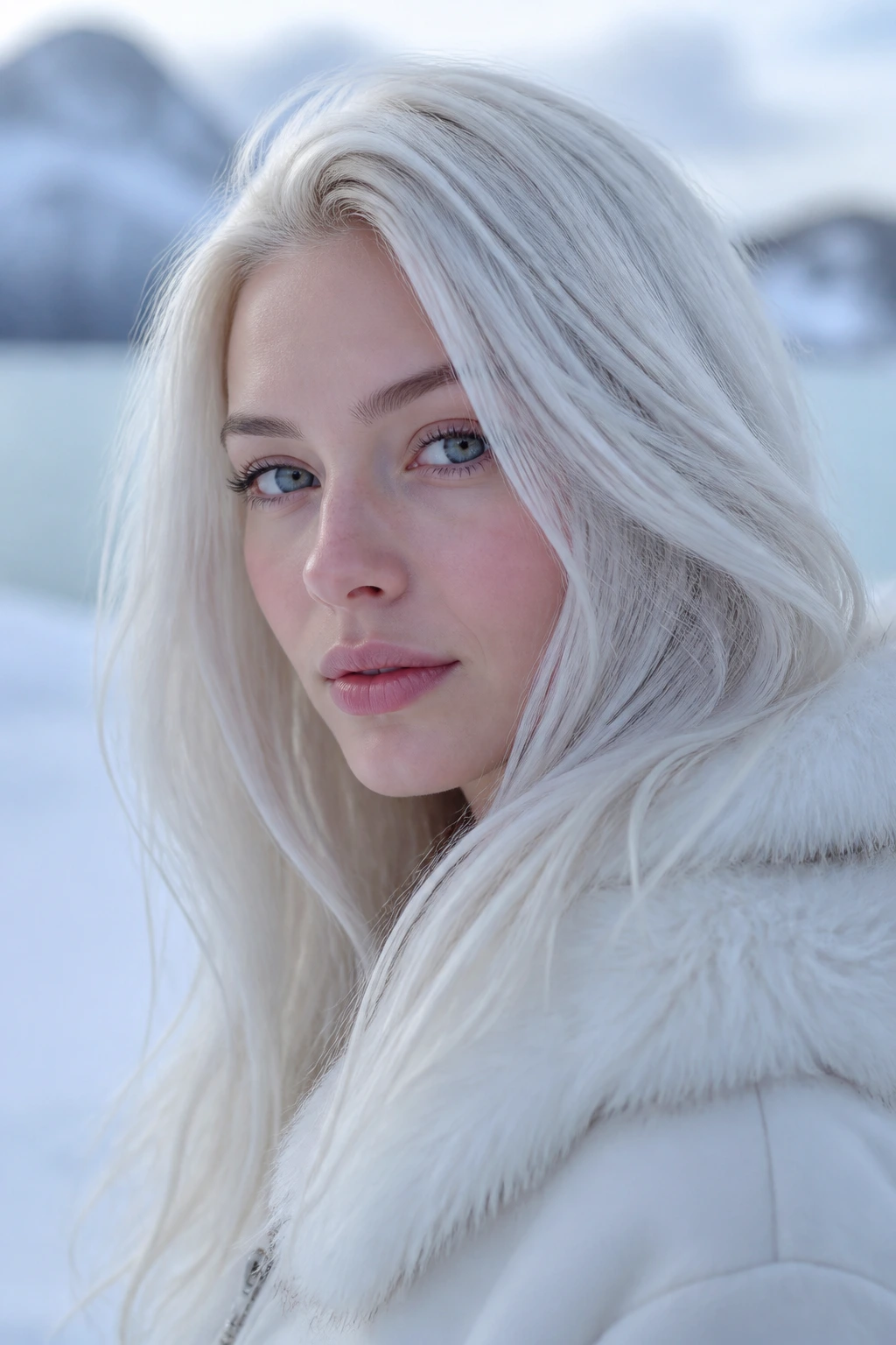 Close-up portrait of a real woman with glacier blonde hair in a frosty outdoor setting.