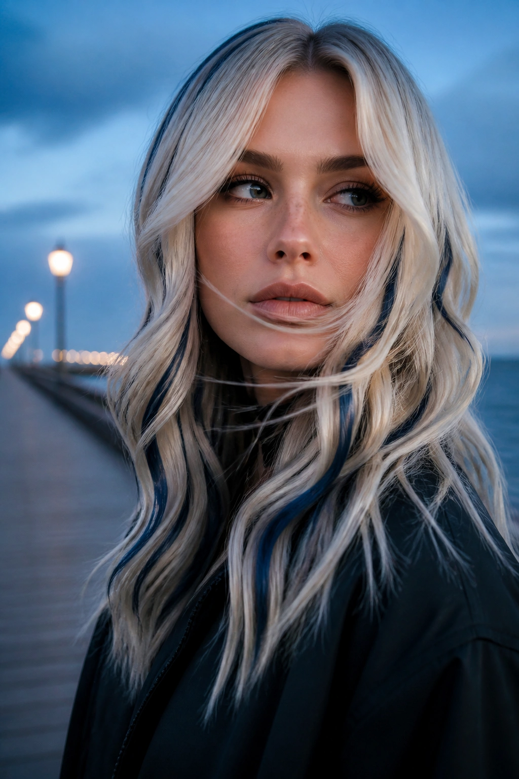 Close-up portrait of a real woman with glacier blonde hair and navy ribbon lights.