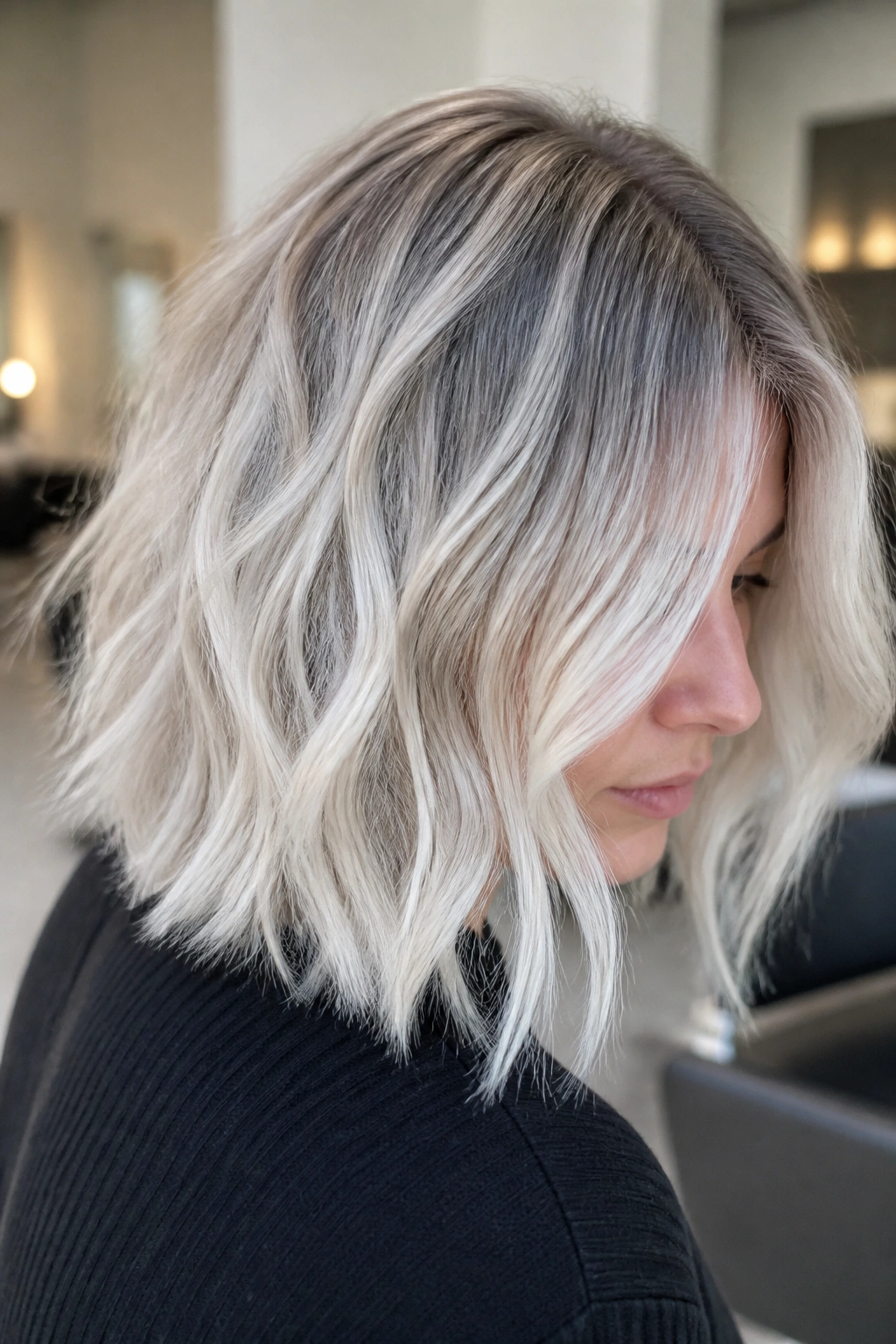 Close-up of a real woman with glacier blonde hair and root shadow