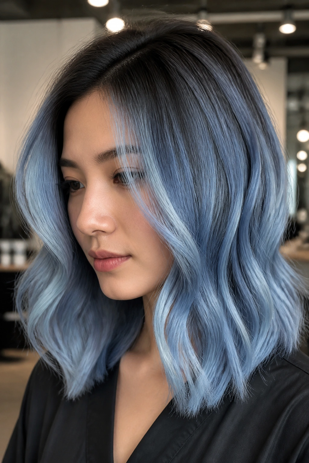 Portrait of a real person with glacier blue balayage on mid-length hair in a salon