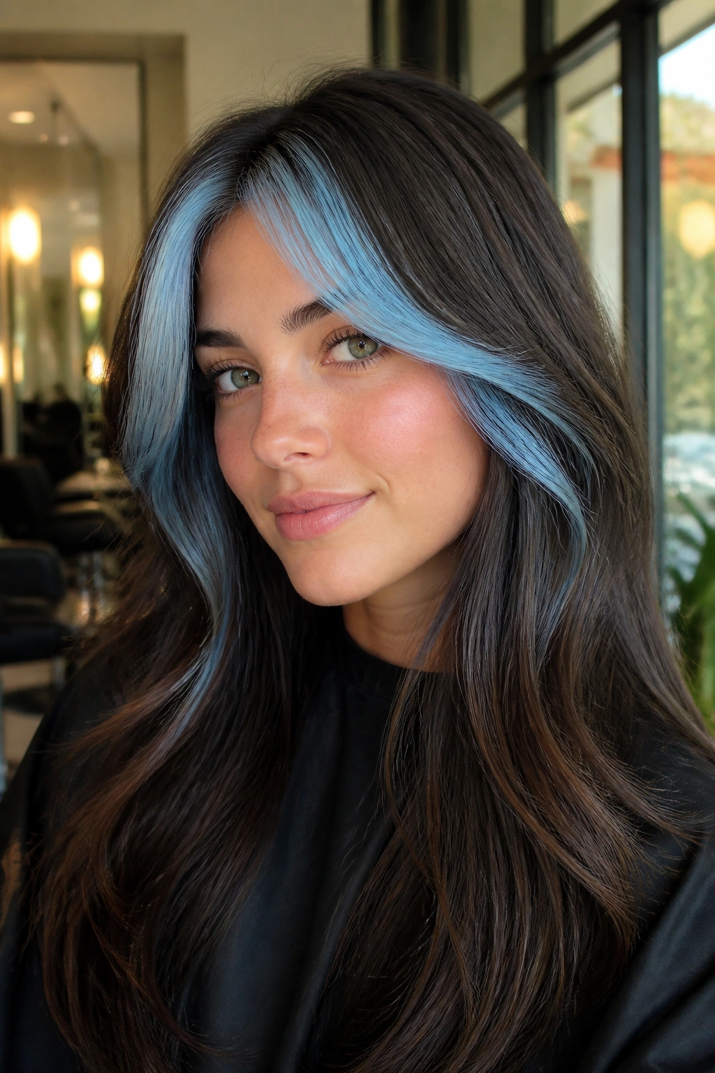 Cocoa brown hair with glacier blue curtain bangs close-up