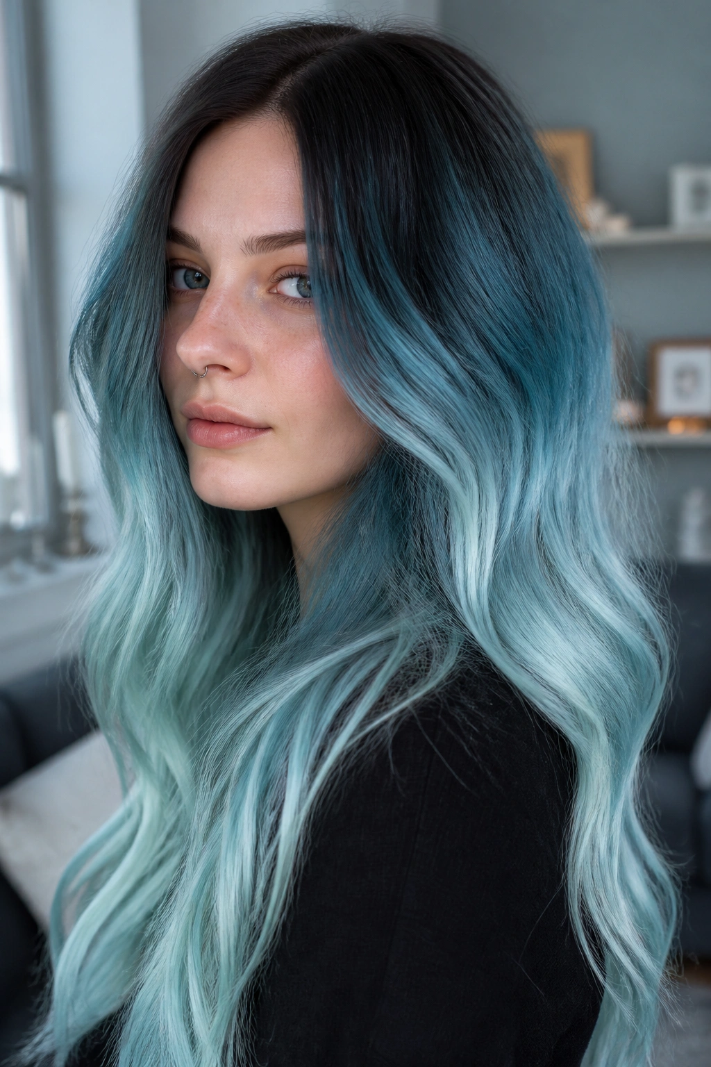 Close-up of long hair with glacier blue-green melt gradient
