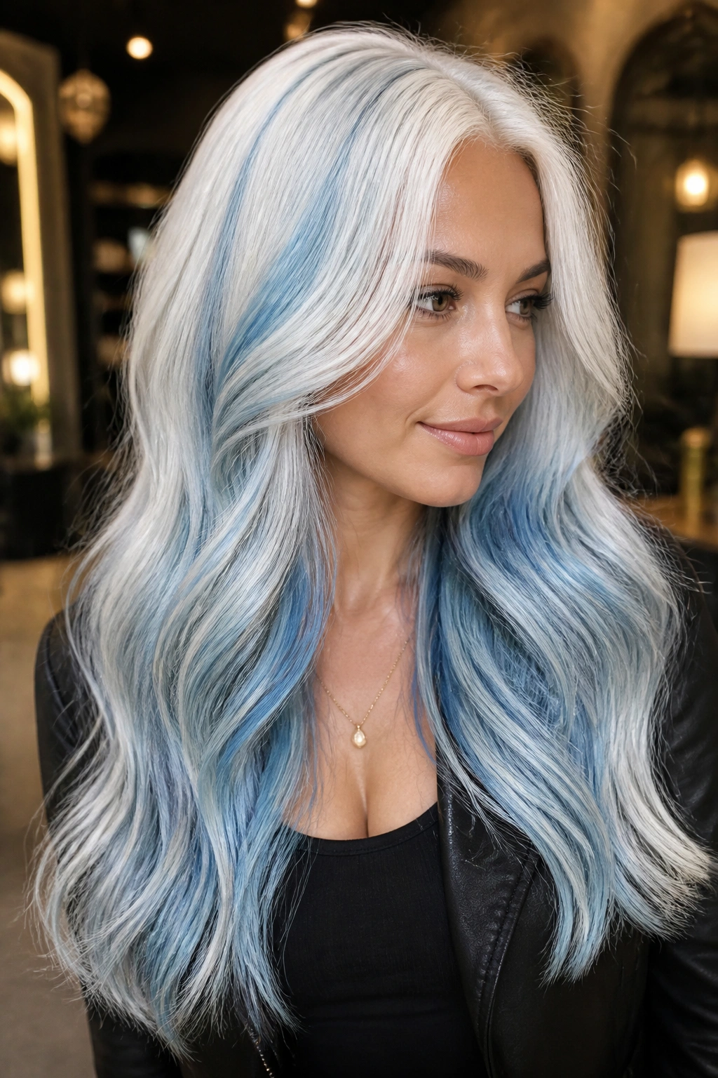 Close-up of a real woman with glacier melt balayage in white and icy blue tones