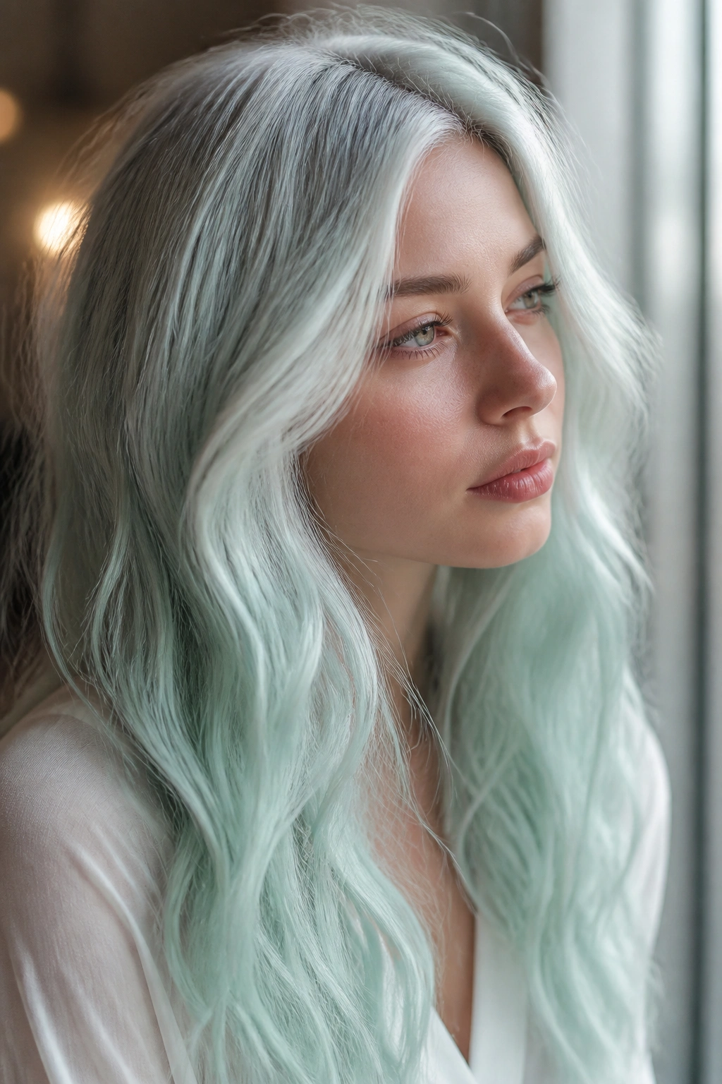 Close-up of real person with glacier mint on platinum hair