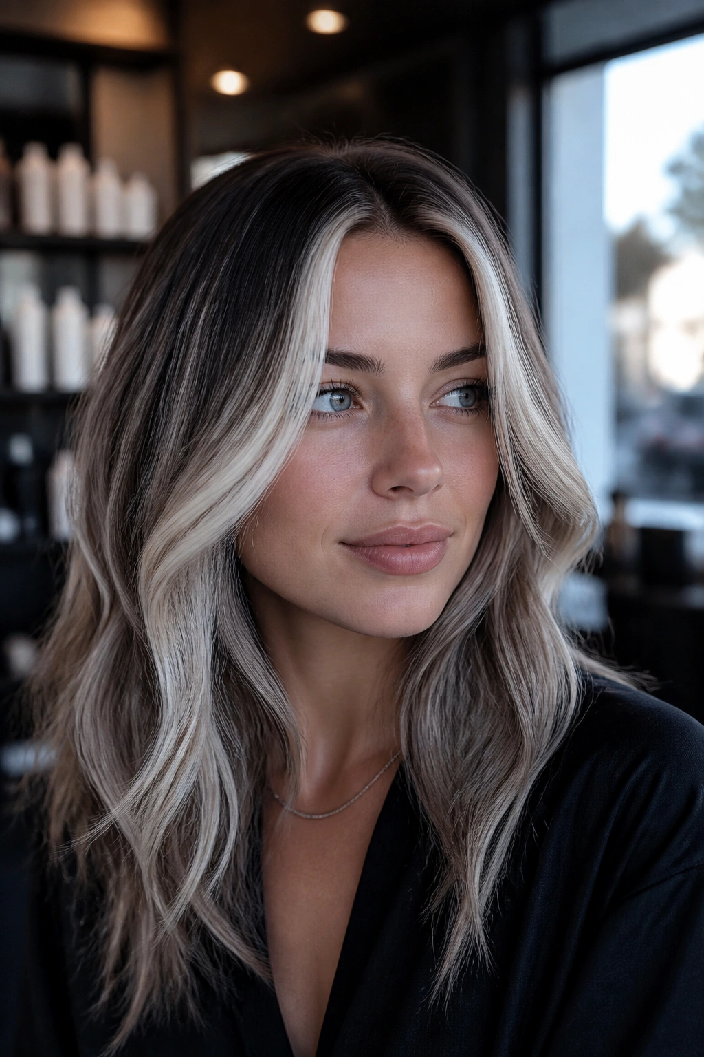 Close-up portrait of a real person with glacier blonde money piece framing the face in a cool salon setting