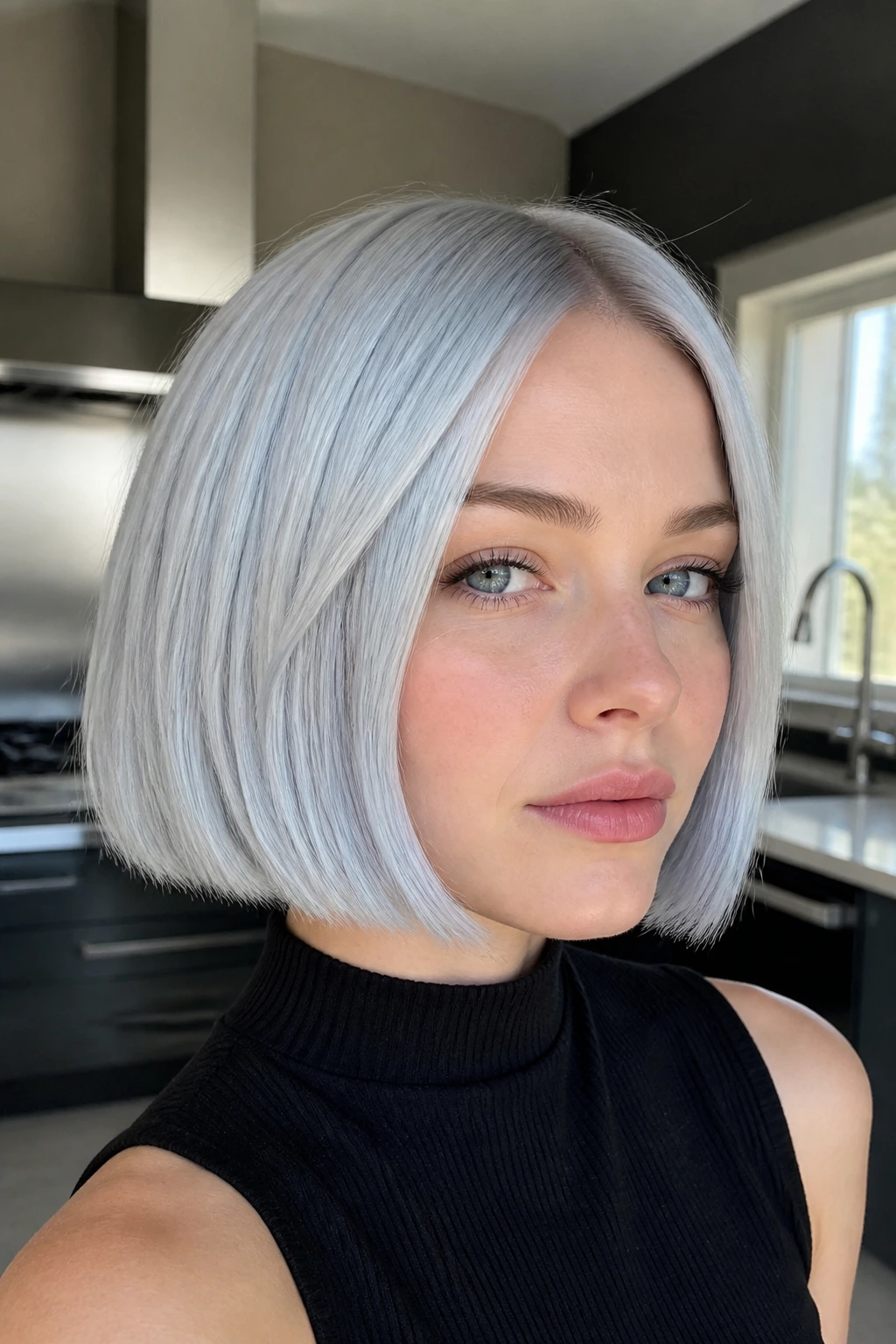 Close-up portrait of a real person with glacier silver hair.