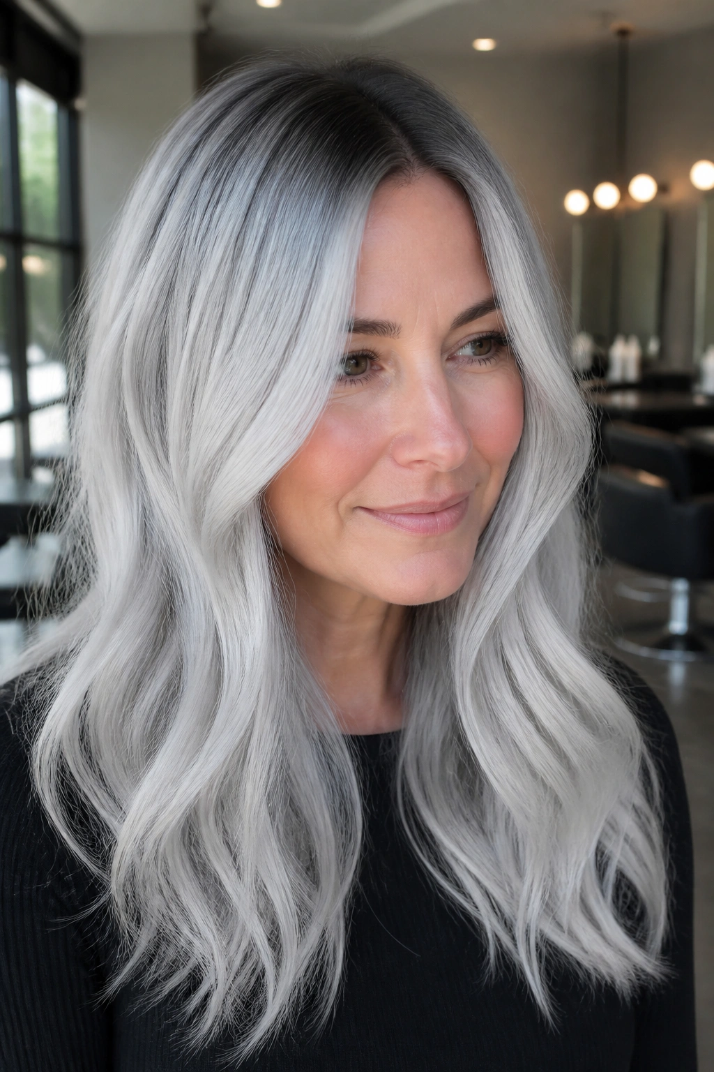 Real person with glacier silver hair and a shadow root, close-up portrait.