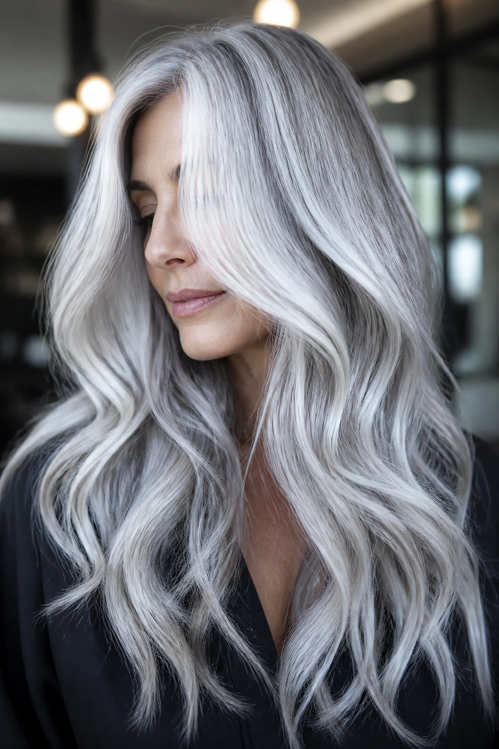 Portrait of a person with glacier silver waves hair in soft lighting