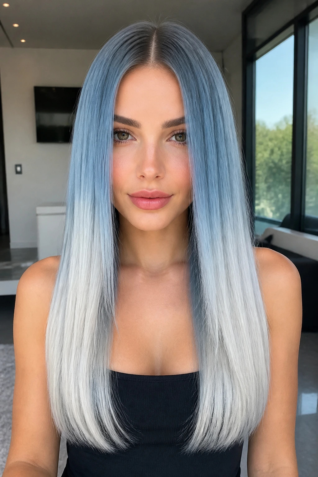 Close-up of real woman with glacier veil blue-white straight hair