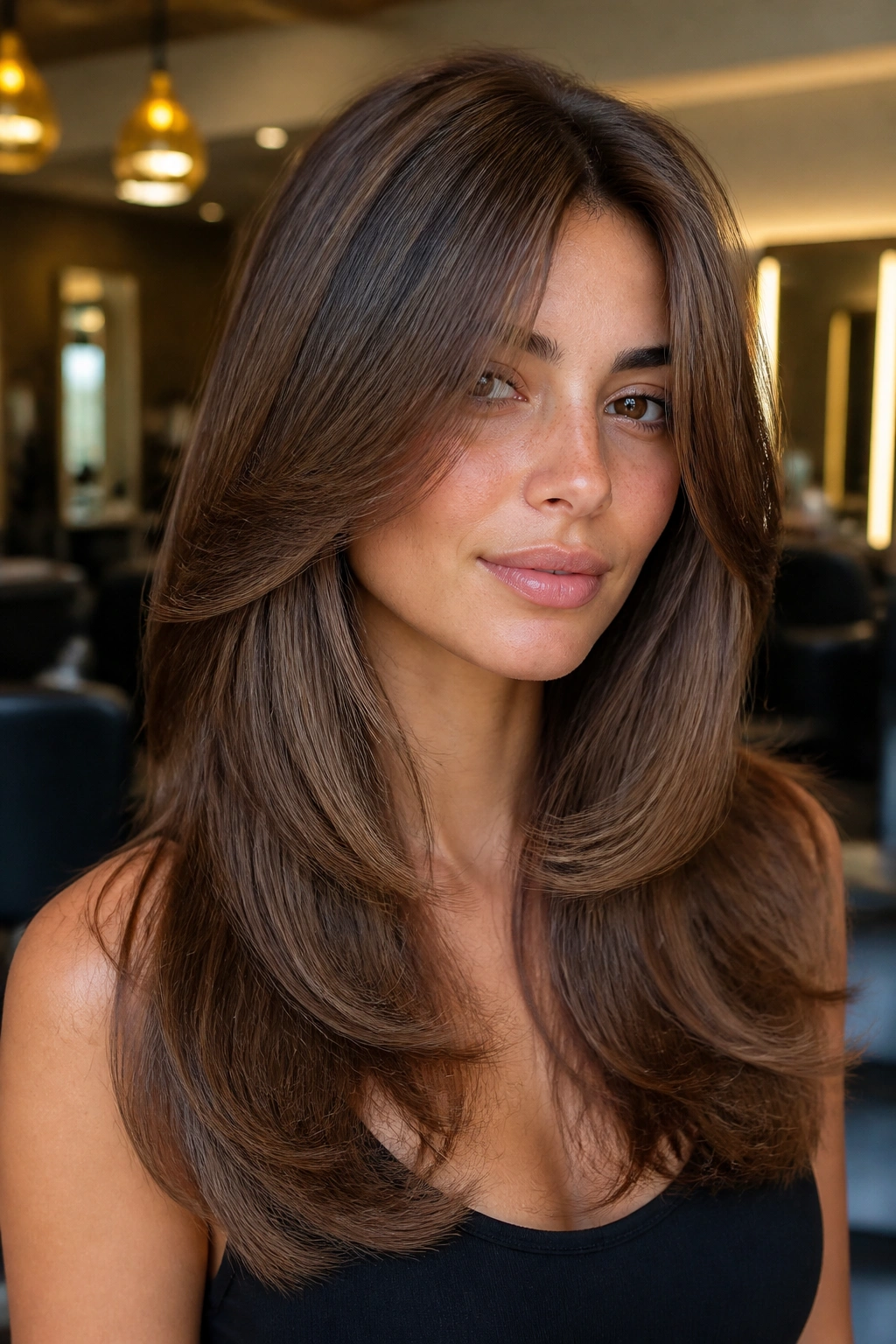 Close-up of a real woman with a glamorous blowout long shag in chic salon setting