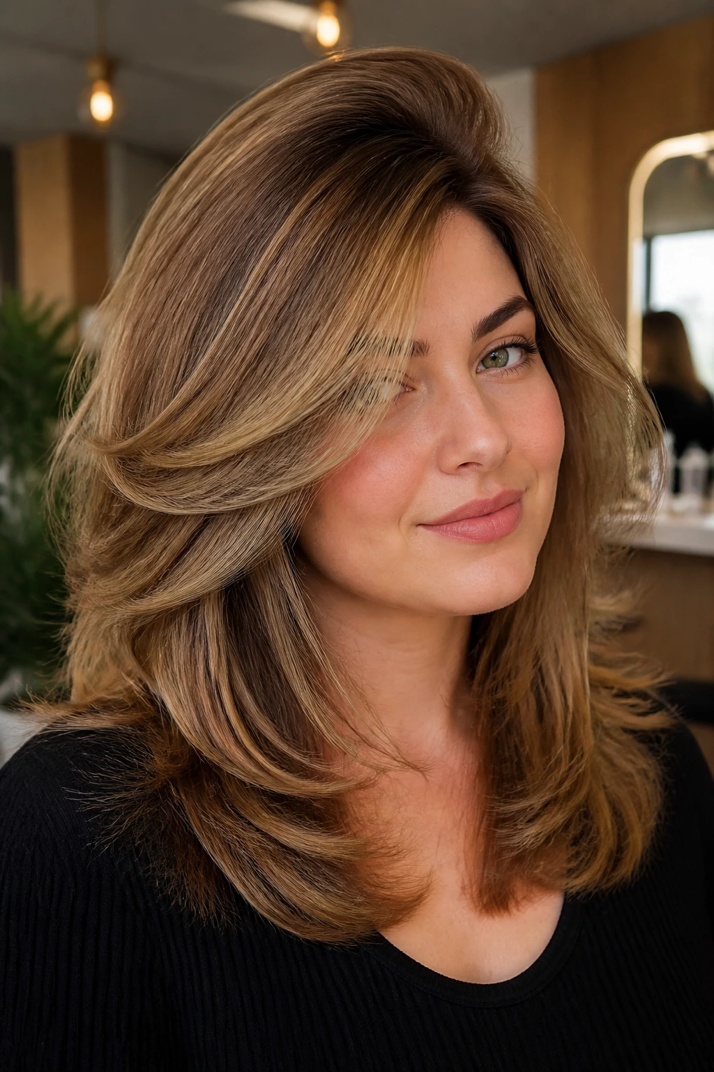Real woman with glamorous layered hair and a side-swept fringe with volume.