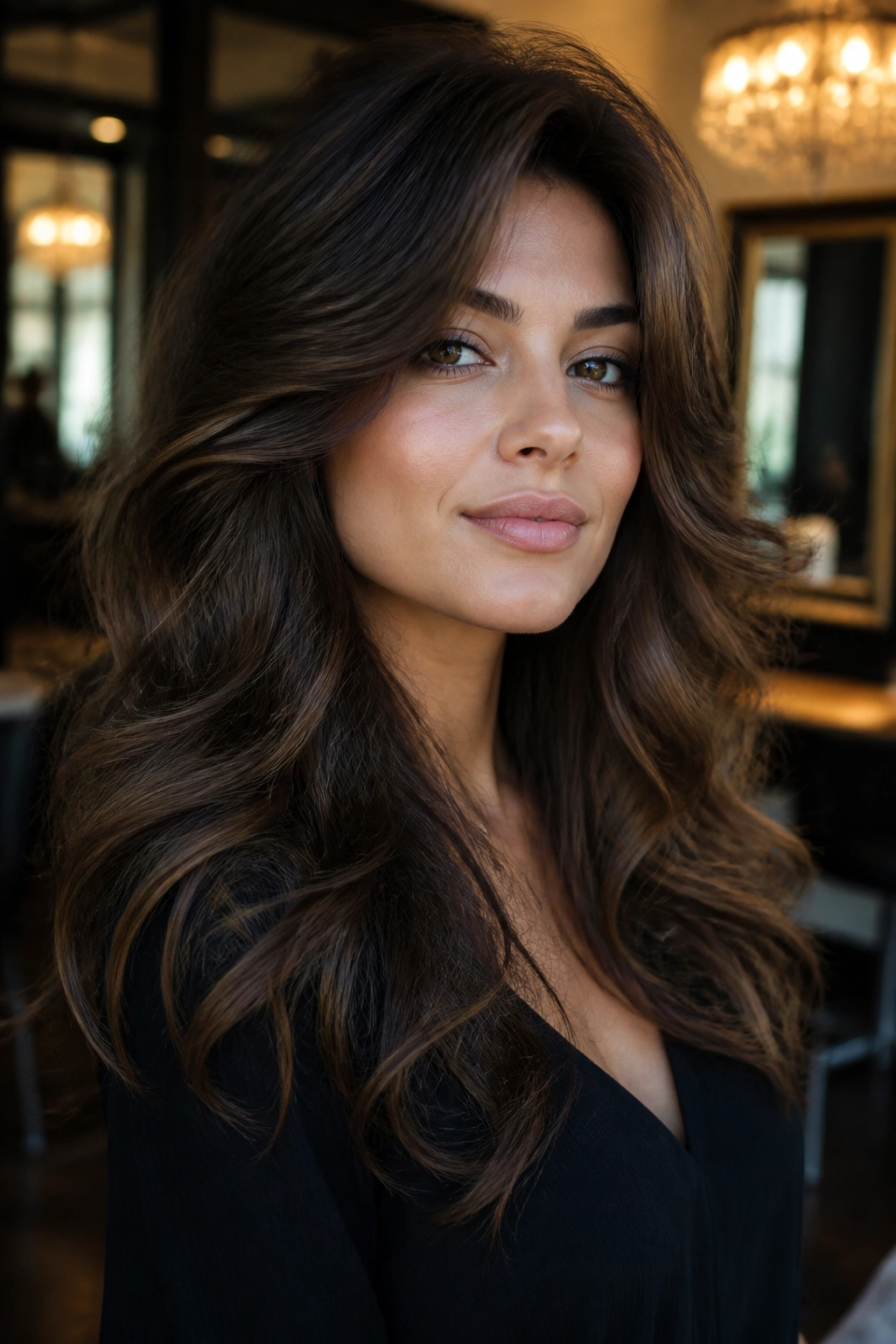 Portrait of a woman with high-volume glam shag and large waves, crown height emphasized