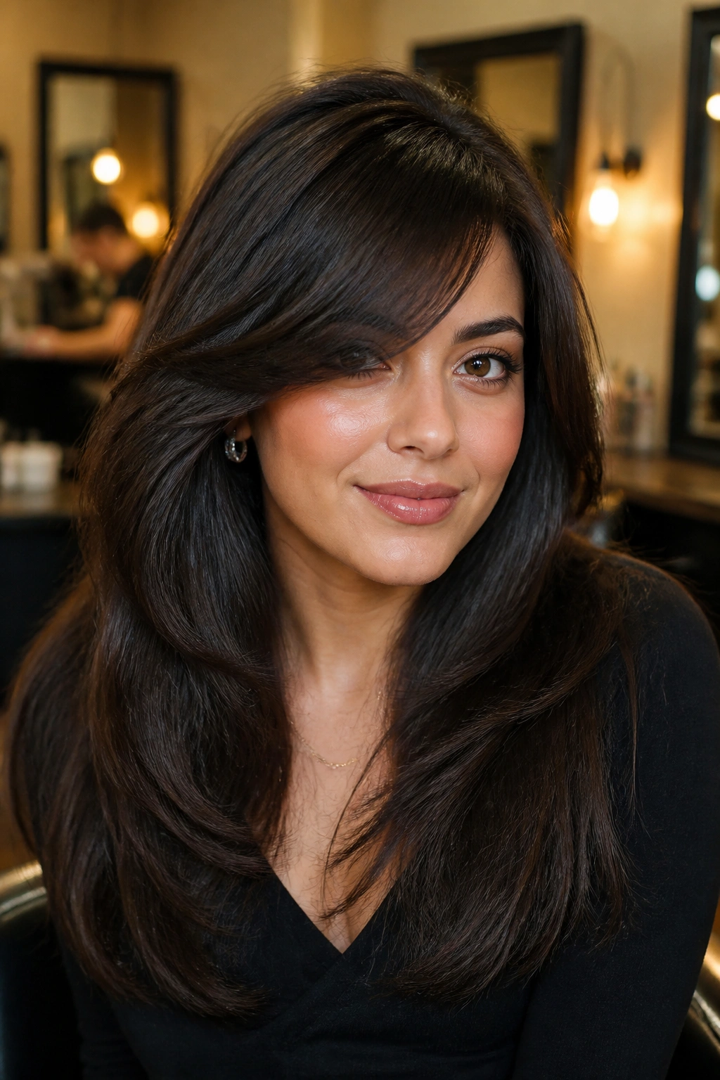 Medium close-up of a real woman with glam side bangs and a smooth blowout in a salon setting