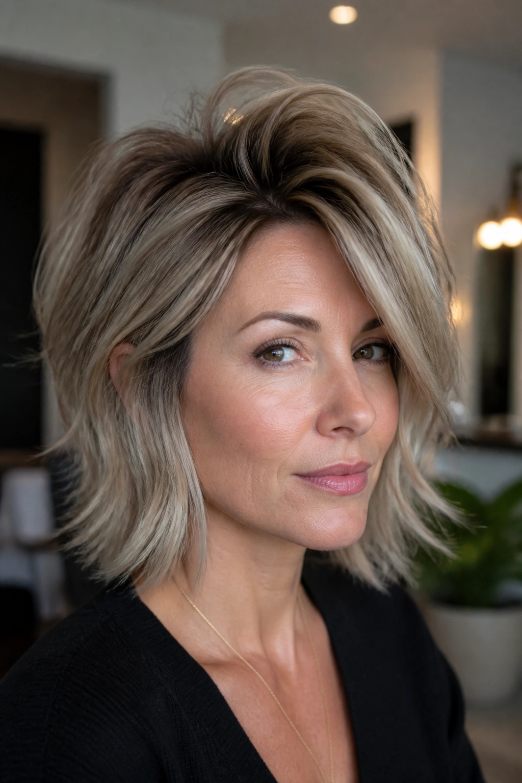 Portrait of a real woman with glam side shag and crown volume