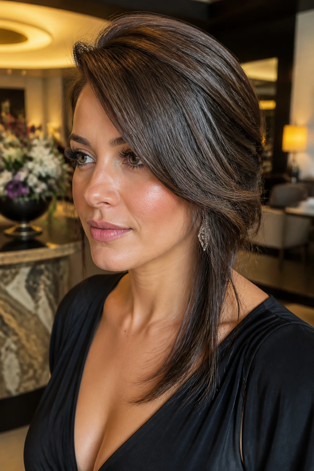 Close-up portrait of a real woman with glam side-sweep bangs and polished volume