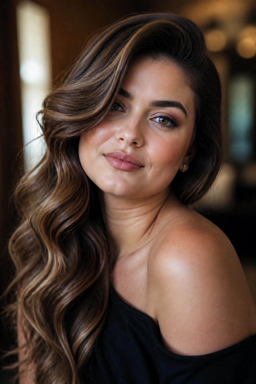 Portrait of a real woman with side-swept glam waves.