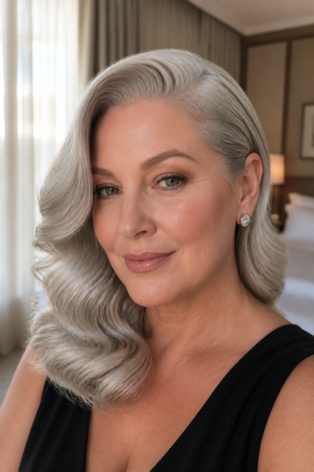 Close-up portrait of a real woman with silver glam waves and a deep side part in hotel-room light