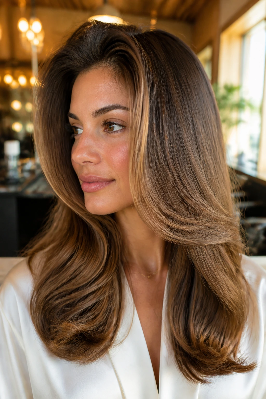Close-up of a real woman with a glamorous blowout featuring lifted roots and glossy ends