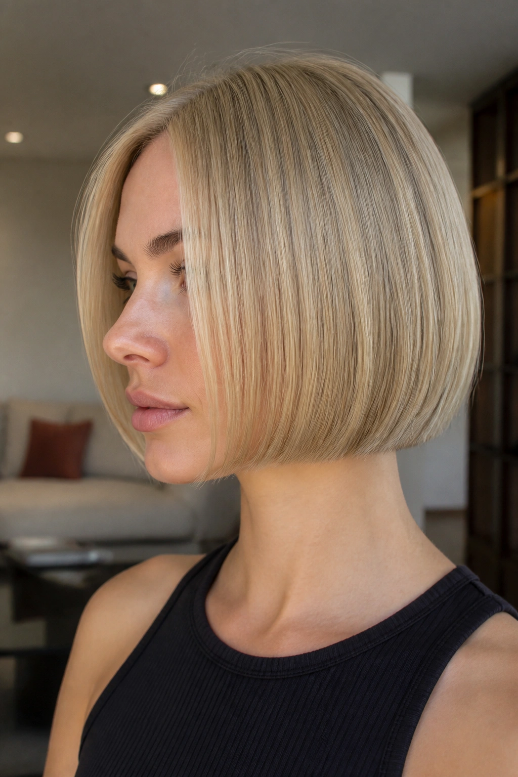 Close-up of a real woman with a glass bob, chin-length sleek hair catching light