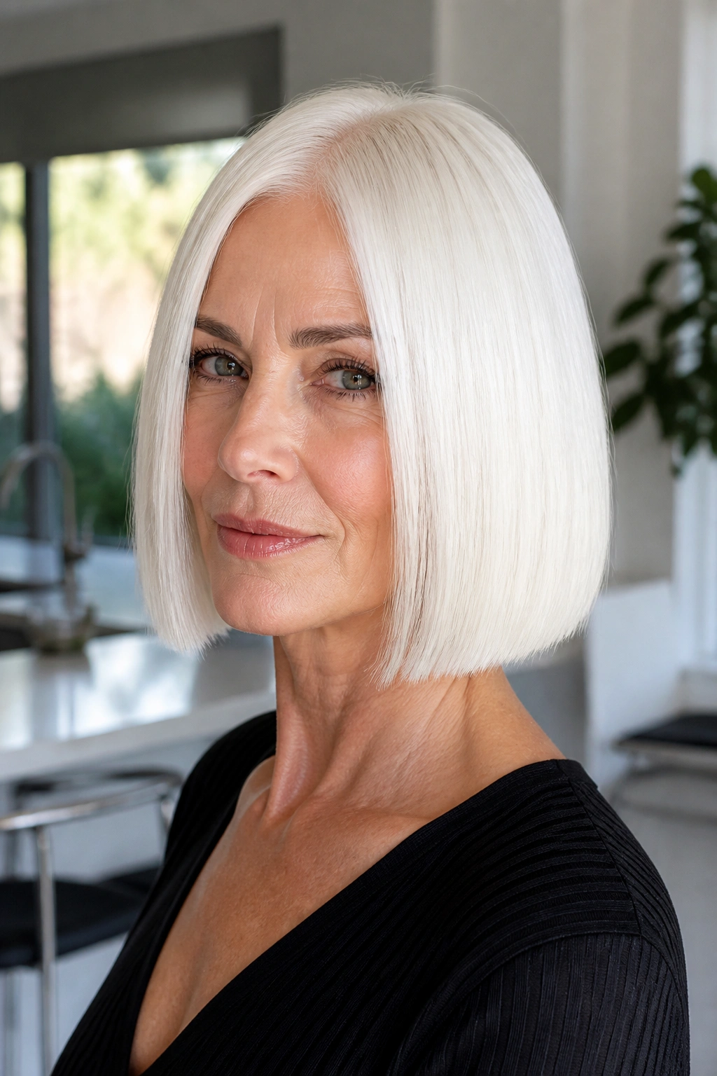 Close-up portrait of a real woman with a glass bob and straight ends in bright window light.