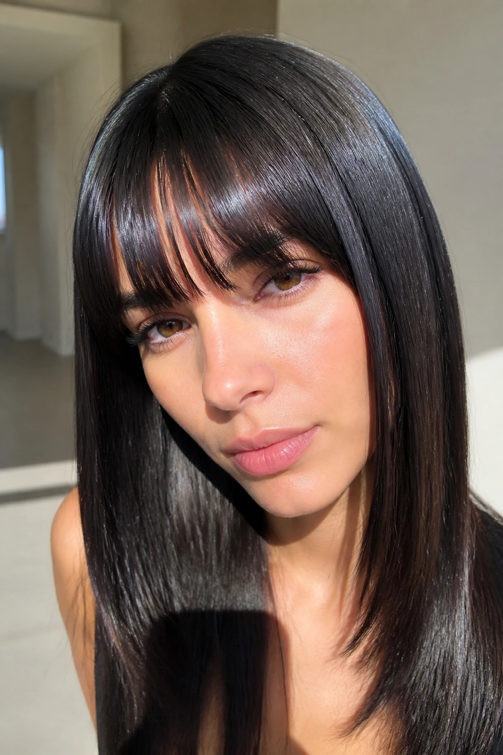 Close-up of a real woman with glass-hair French bangs in a bright minimalist room