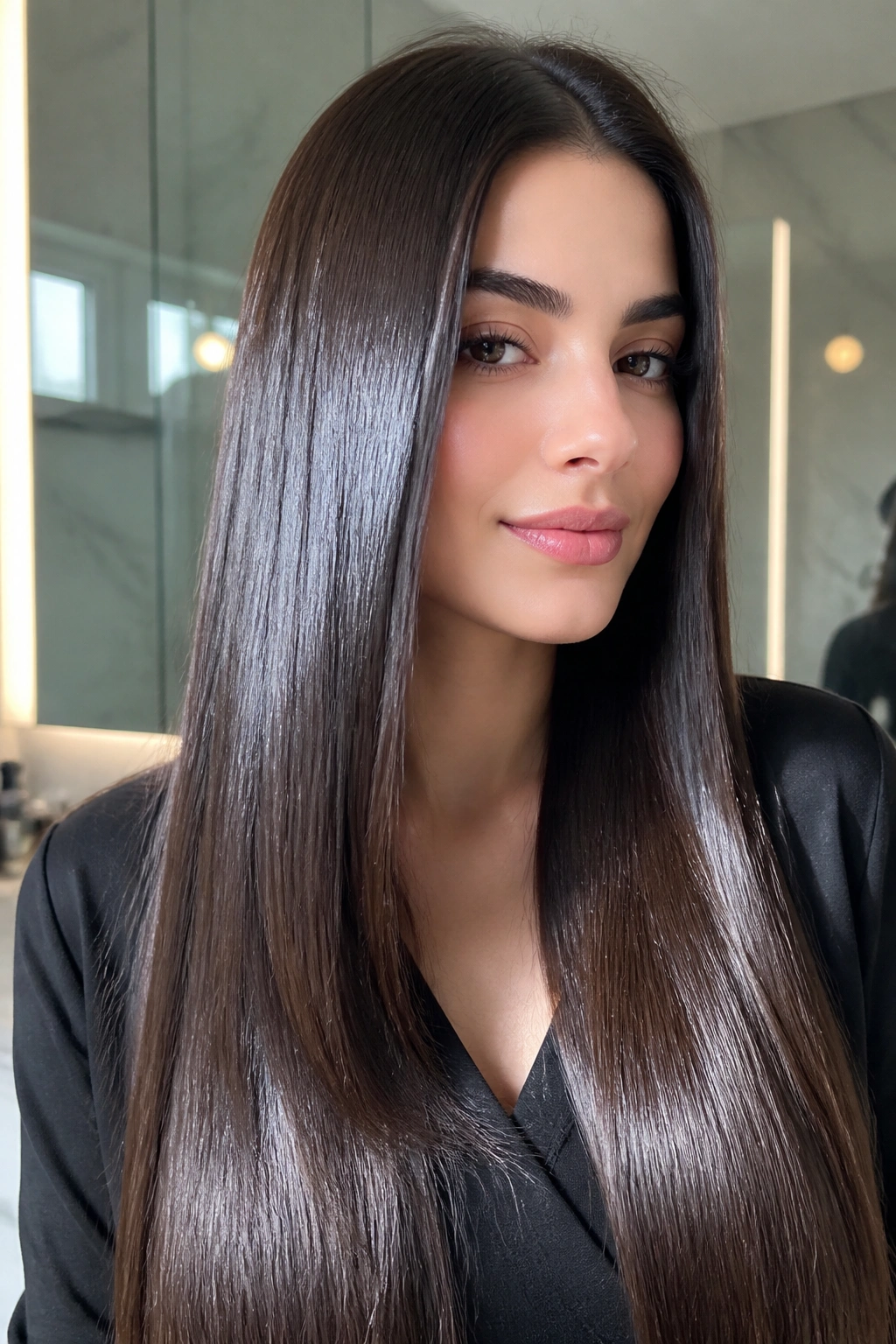 Real woman with glassy, high-shine blowout hair in a bright setting.