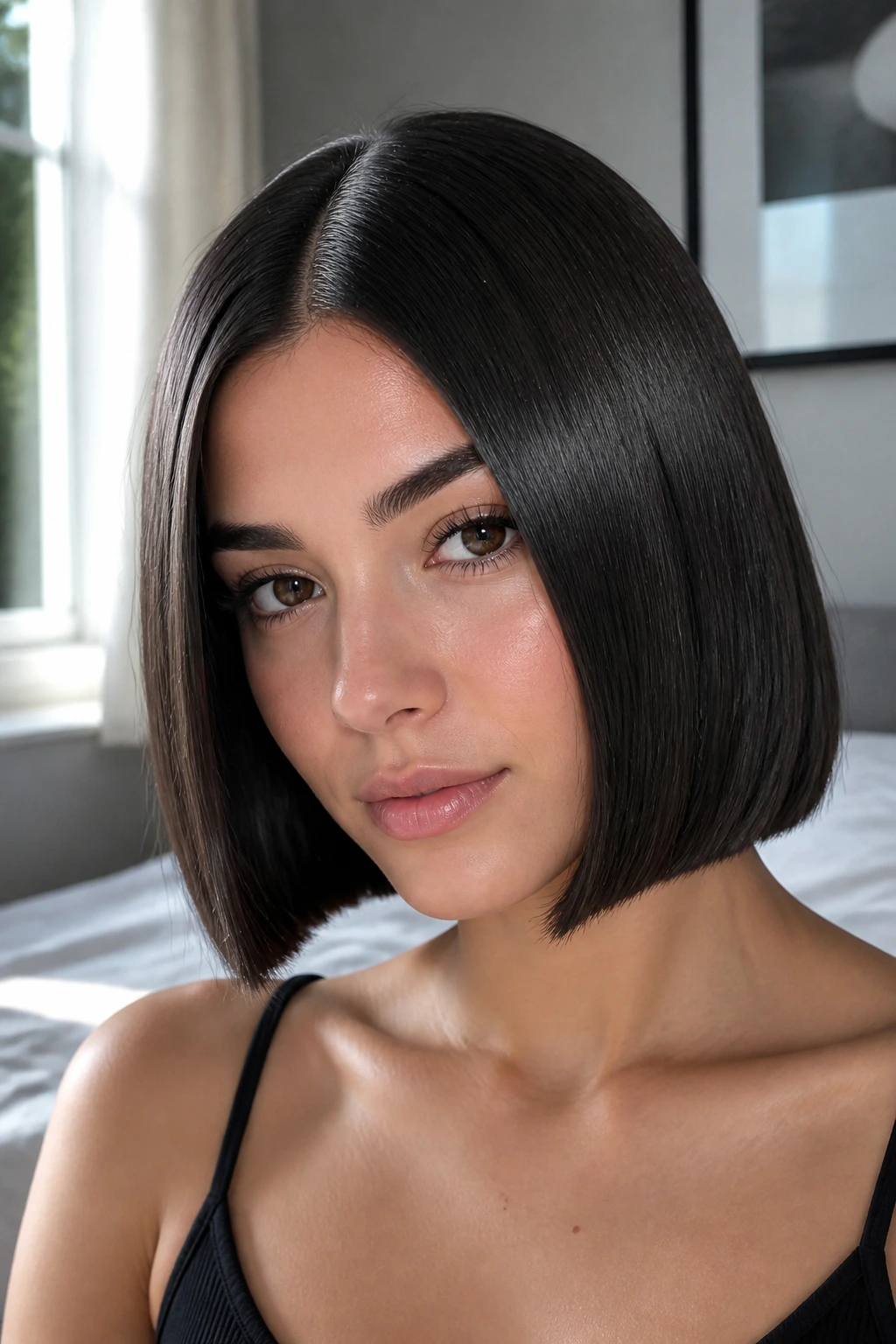 Close-up of real woman with glass hair bob and deep center part