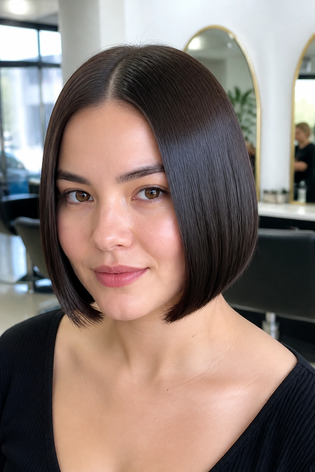 Close-up of a real woman with a jaw-length glass-hair bob and a precise center part