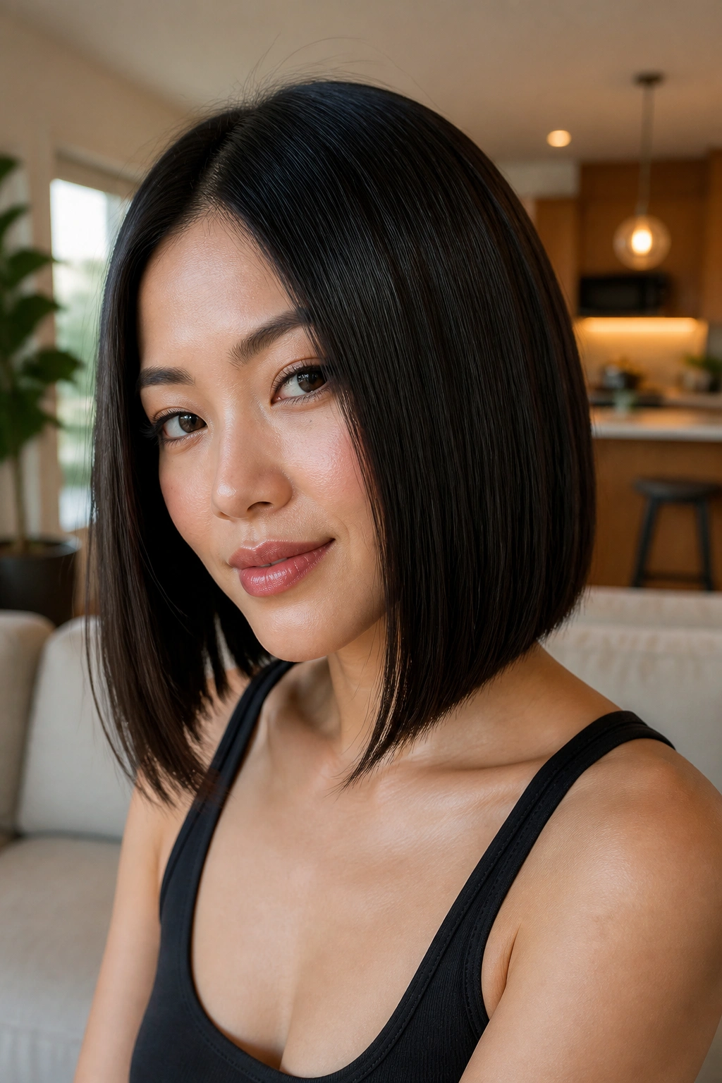 Portrait of real woman with glass-hair bob and invisible layers black hair