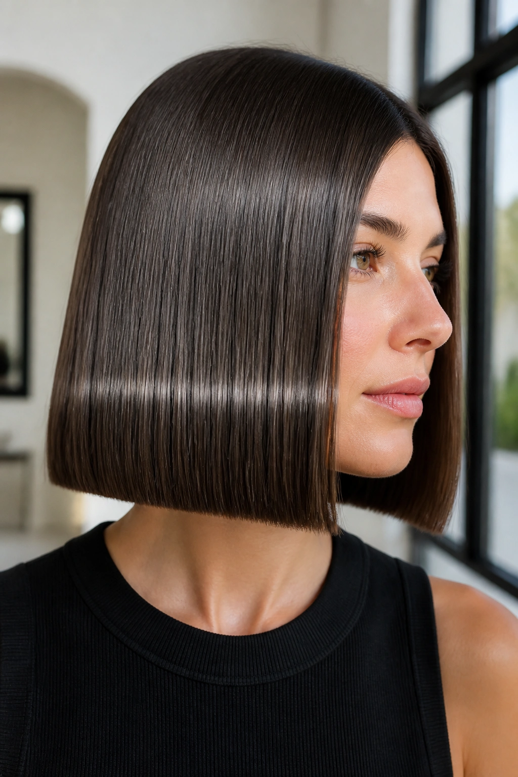 Real woman with a sleek glass-hair bob and razor-sharp finish