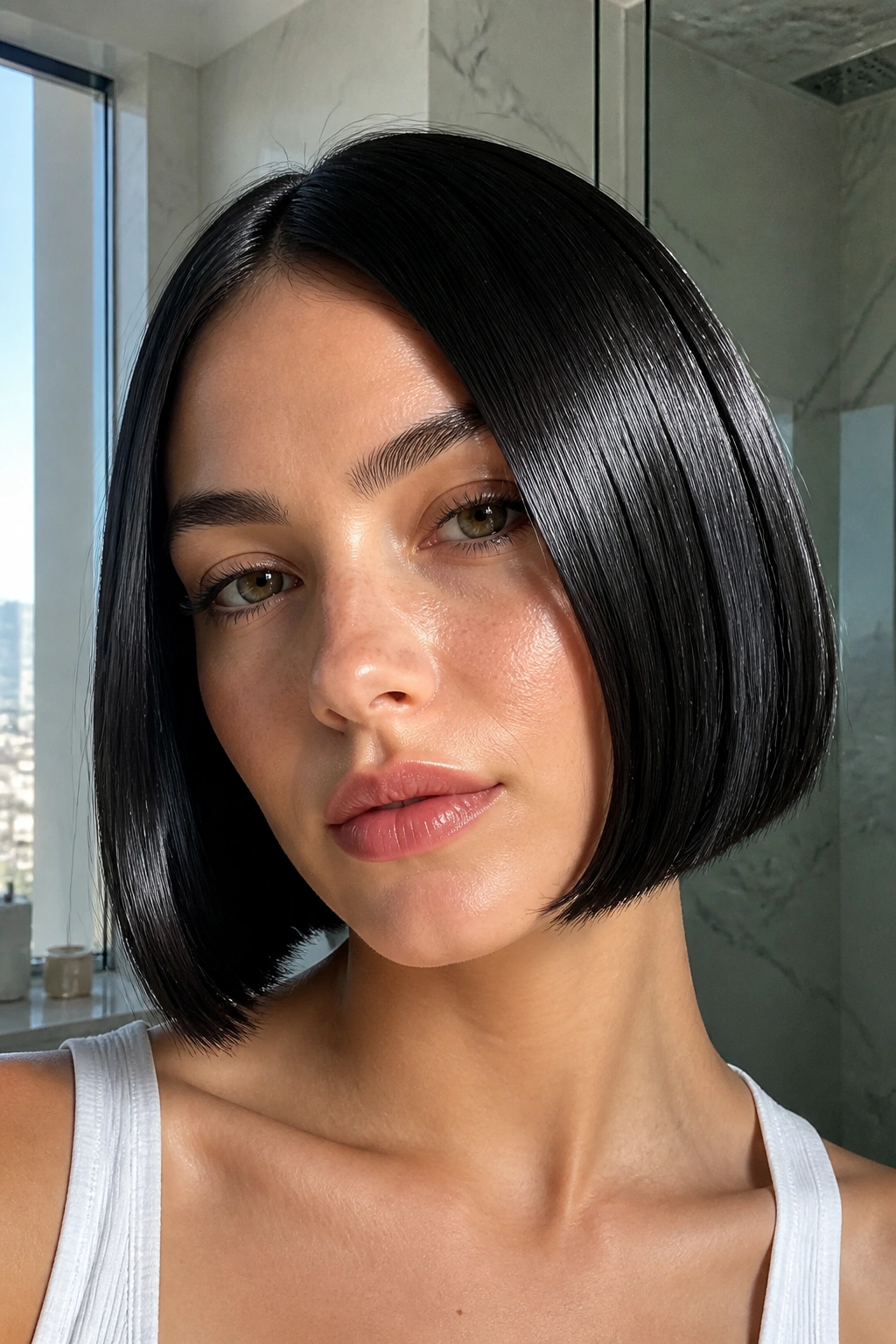 Portrait of a real woman with glass-hair French bob shine