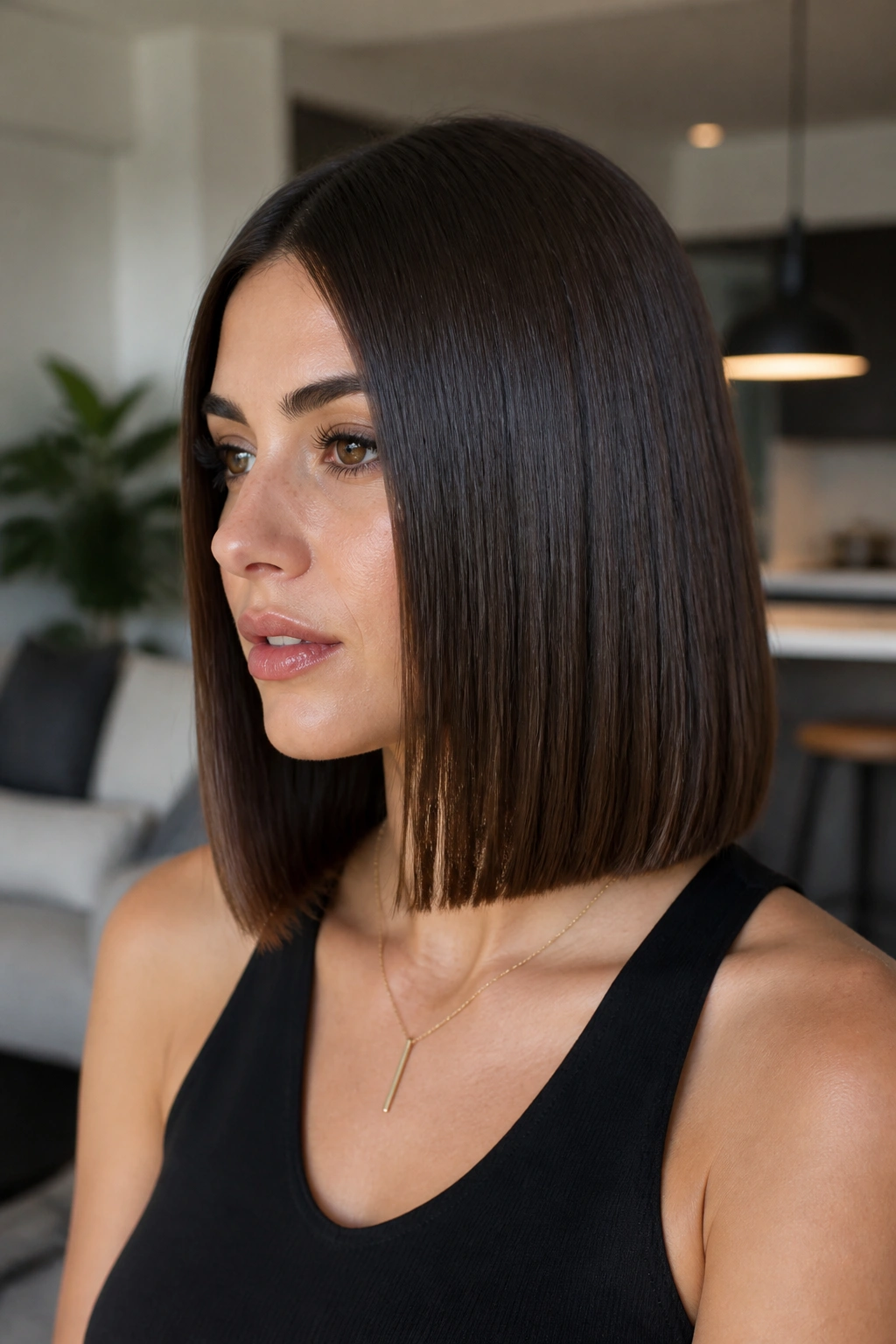 Close-up of real woman with glass-hair lob and high-shine straight hair