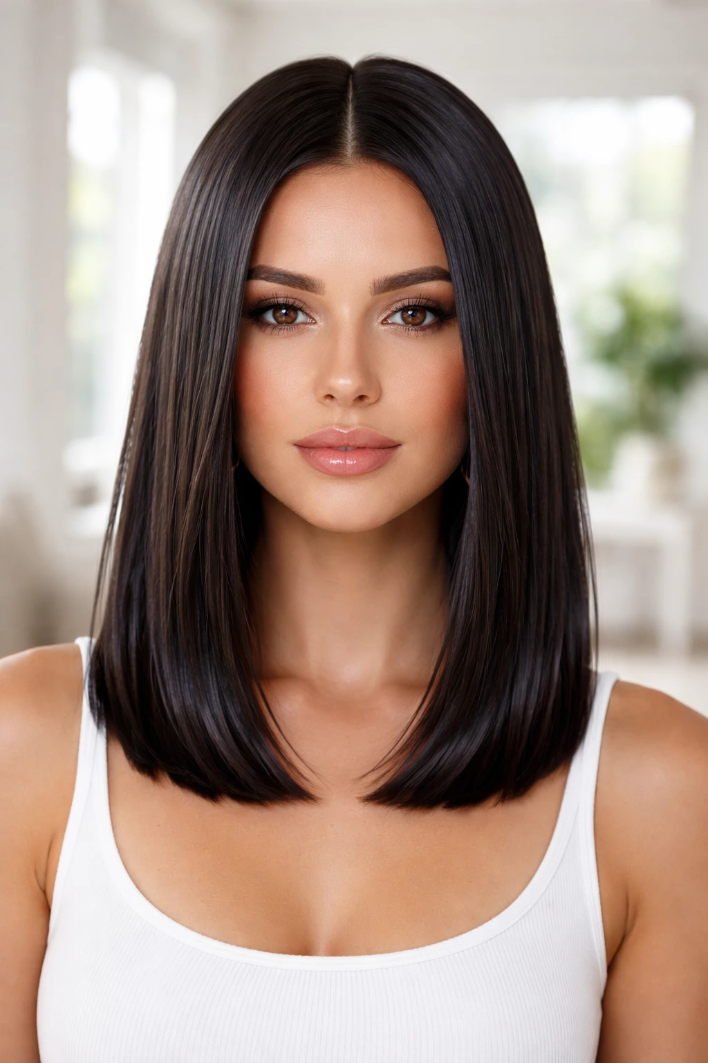 Close-up portrait of a real woman with center-parted glass hair and mirror-like shine