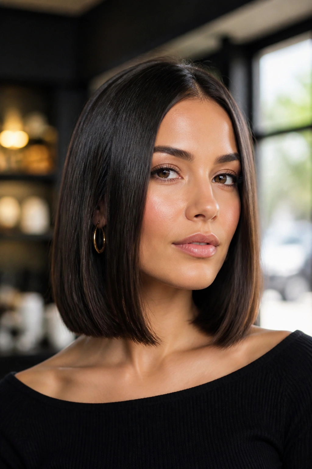 Close-up of real woman with glass-hair lob just above collarbone