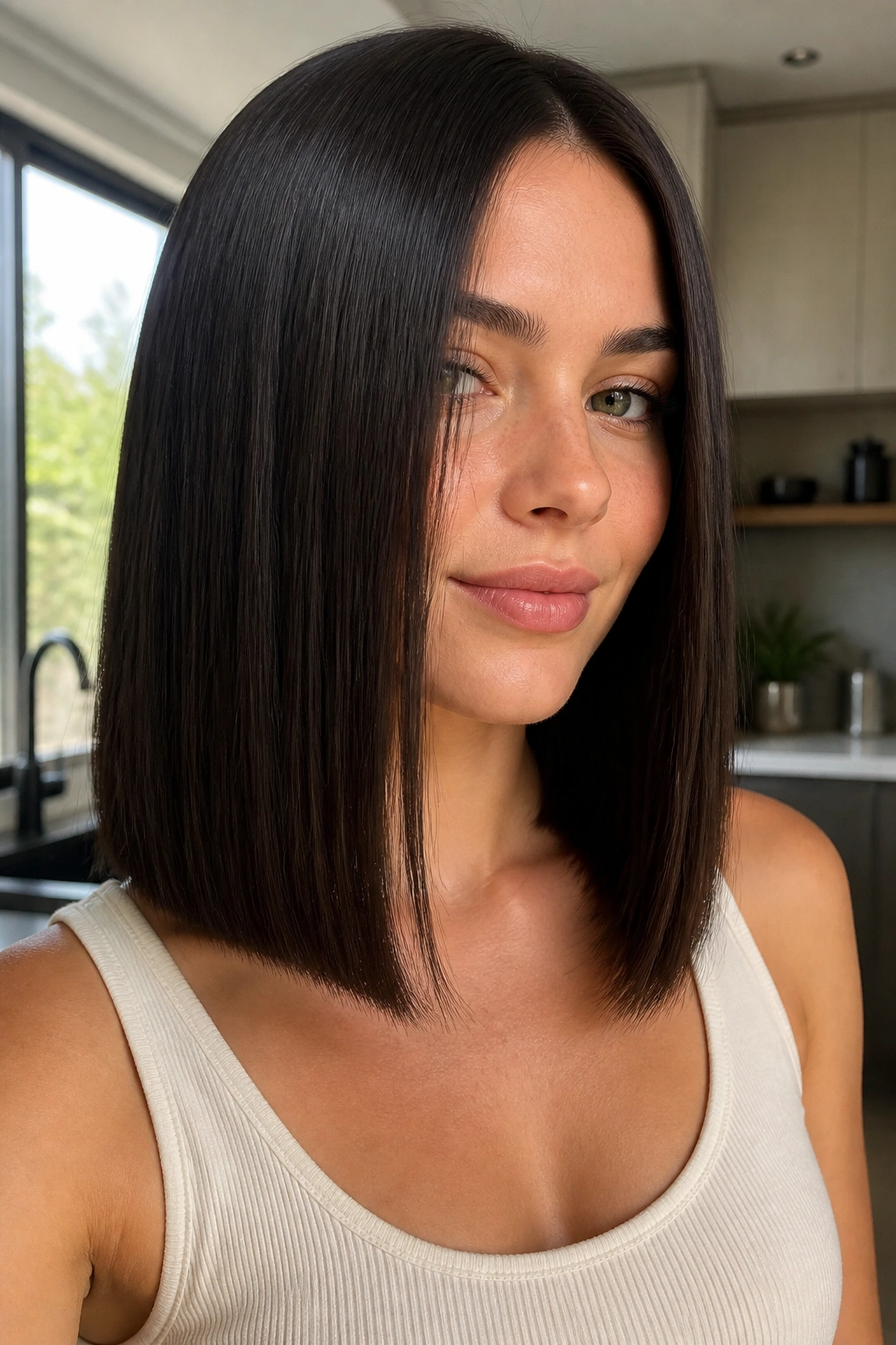 Close-up of a woman with glass hair cut and micro layers under natural light.